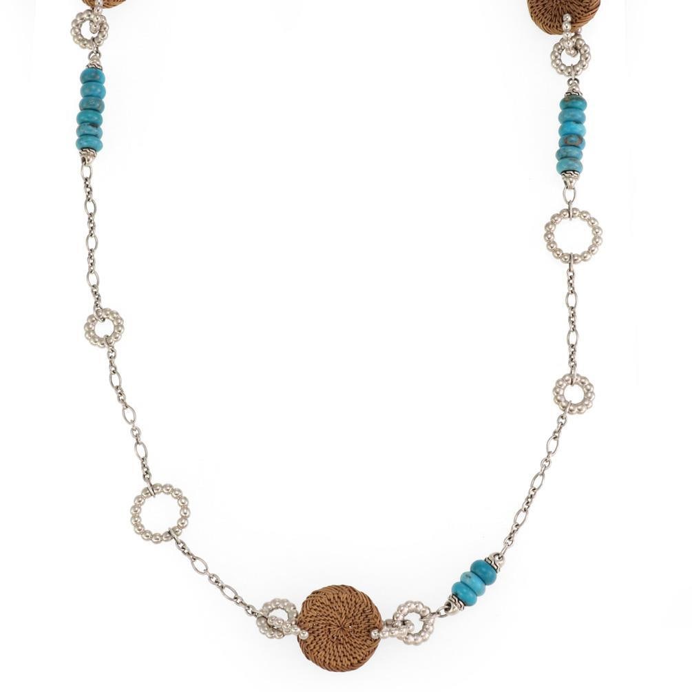 John Hardy Sterling Silver Long Necklace with Turquoise Wicker Design: John Hardy Sterling Silver Long Necklace with Turquoise Wicker Design Elevate your accessory collection with this authentic long necklace by John Hardy, crafted from premium sterling silver. This chic