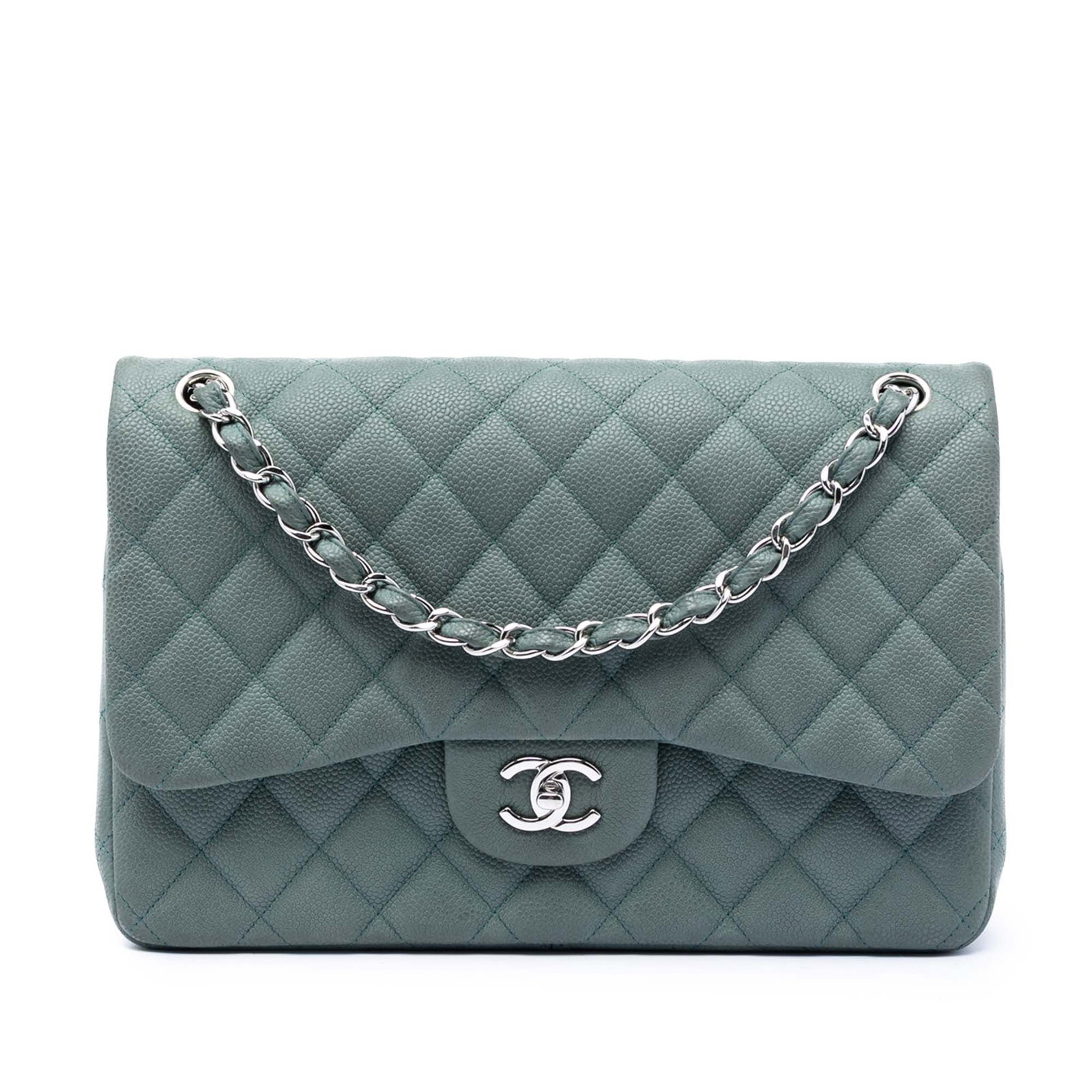 Chanel blue quilted caviar leather jumbo double flap shoulder bag: Chanel blue quilted caviar leather jumbo double flap shoulder bag This Chanel Jumbo Classic Iridescent Caviar Double Flap shoulder bag is crafted from quilted caviar leather in a blue iridescent finis