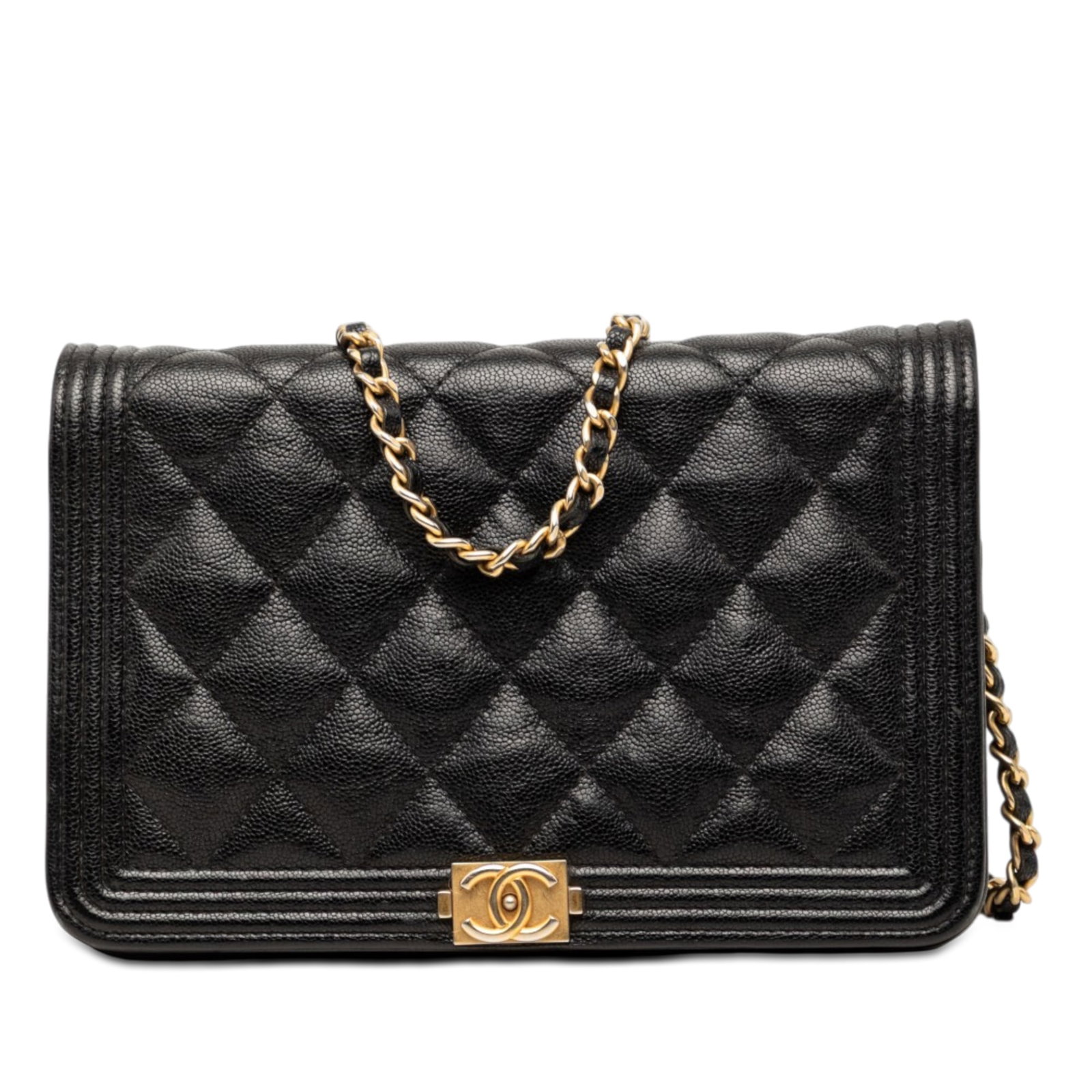 Chanel Boy Wallet on Chain Quilted Caviar Leather Black: Chanel Boy Wallet on Chain Quilted Caviar Leather Black Chanel Quilted Caviar Boy Wallet on Chain in black, made in Italy. This bag features a quilted caviar leather body, a leather-woven chain strap,
