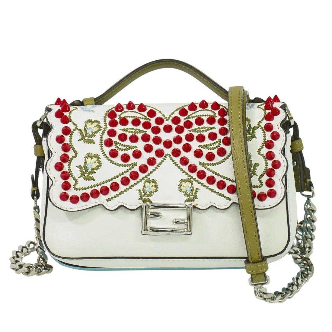 Fendi Double Baguette White Leather Handbag Embroidered Stud Details: Fendi Double Baguette White Leather Handbag Embroidered Stud Details This pre-owned Fendi Double Baguette handbag for women features white leather with embroidered and studded details. It is crafted i
