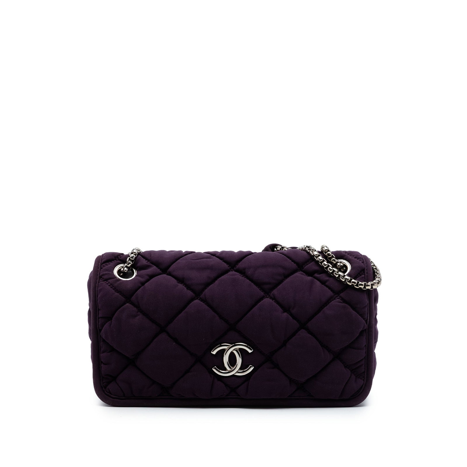 Chanel Small Bubble Flap Quilted Nylon Shoulder Bag Purple: Chanel Small Bubble Flap Quilted Nylon Shoulder Bag Purple Chanel Small Quilted Nylon Bubble Flap shoulder bag in purple, made in Italy. It features a nylon body with silver-tone chain straps and shou