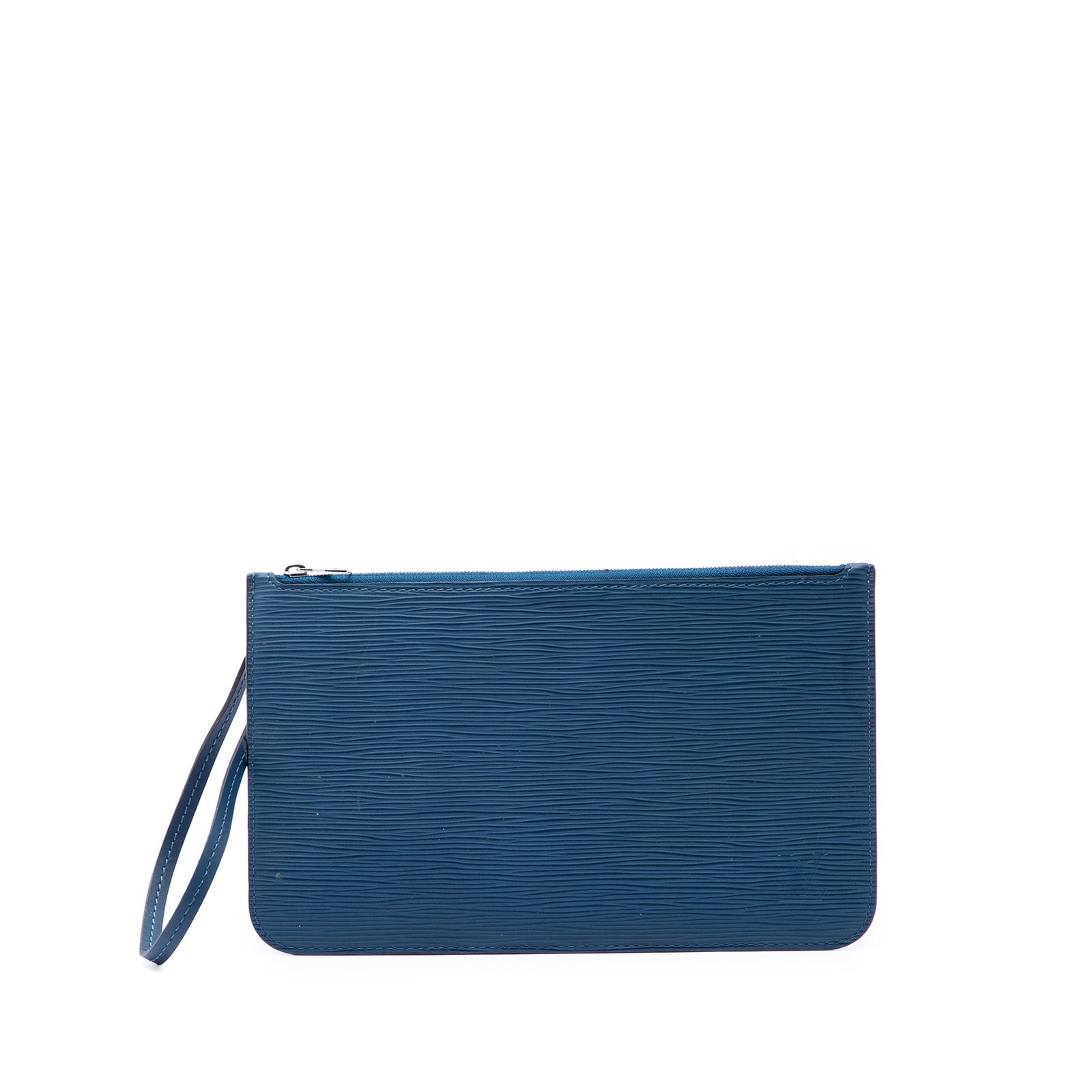 Louis Vuitton Epi Neverfull Pochette Blue Leather Wristlet Pouch: Louis Vuitton Epi Neverfull Pochette Blue Leather Wristlet Pouch A Louis Vuitton Epi Neverfull Pochette pouch in blue leather, made in Spain. It features a top zip closure, a flat leather wrist strap,