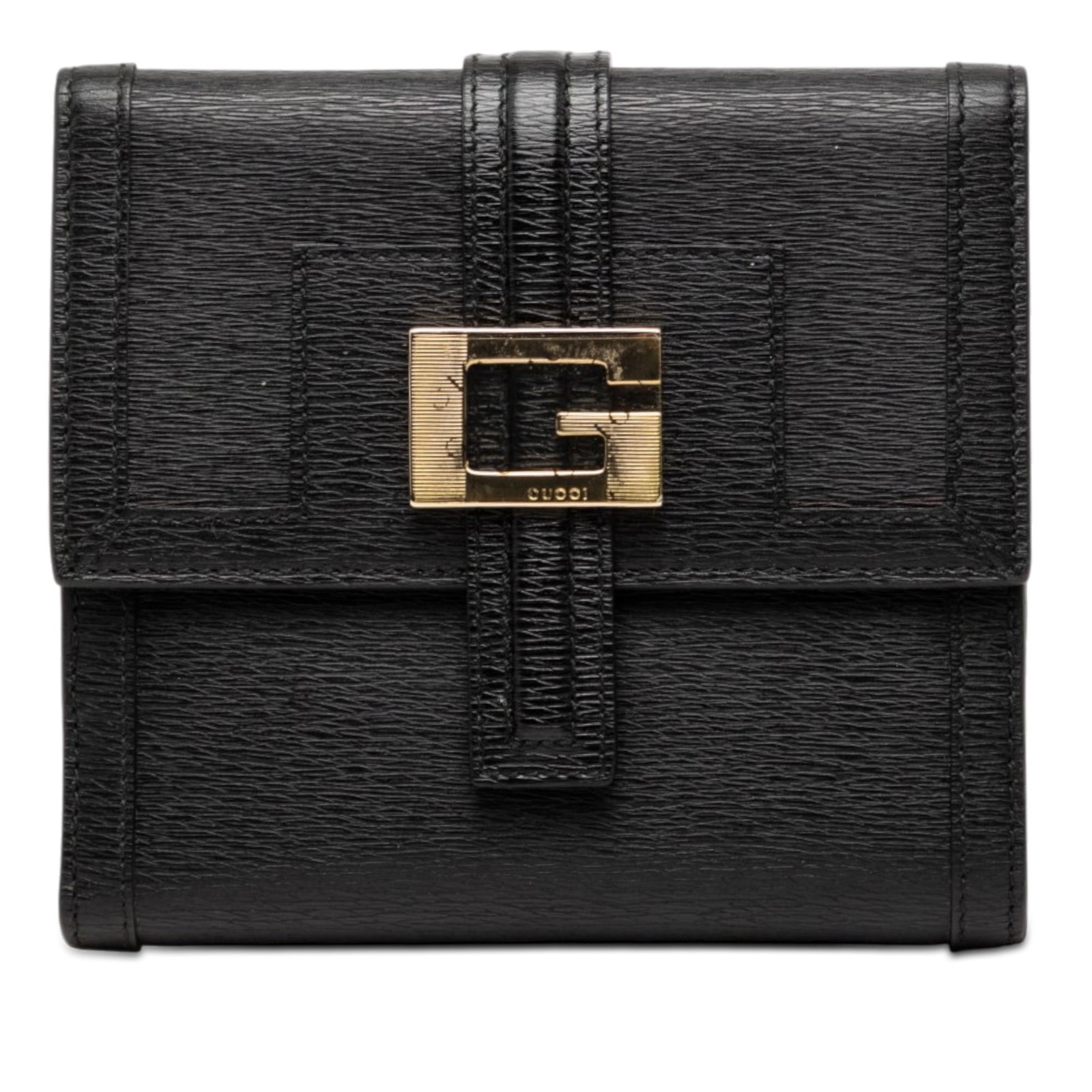 Gucci G Square Logo Textured Calfskin Leather Bifold Wallet: Gucci G Square Logo Textured Calfskin Leather Bifold Wallet Black bifold wallet in textured calfskin leather with a strap and snap button closure. It features an exterior flap pocket and interior slip