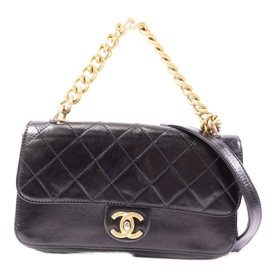 CHANEL CC 2 Way Shoulder Bag Black Calfskin Gold Tone Hardware: CHANEL CC 2 Way Shoulder Bag Black Calfskin Gold Tone Hardware A CHANEL 2-way chain shoulder bag in black calfskin (cowhide) leather with gold-tone hardware. It features a turn-lock closure, one open 