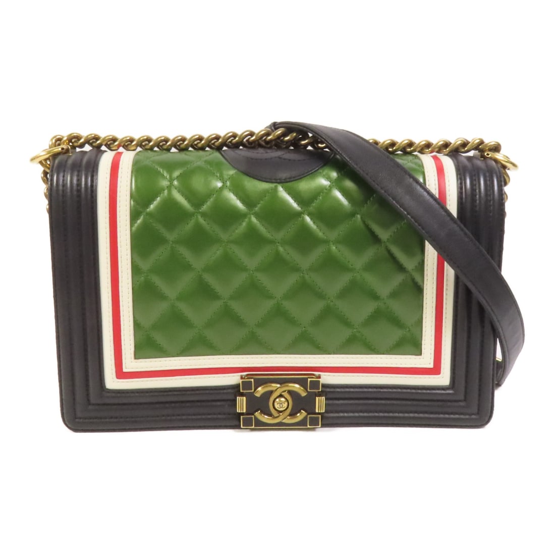 CHANEL Boy 28 Lambskin Chain Shoulder Bag Black Green GHW (1 of 18)