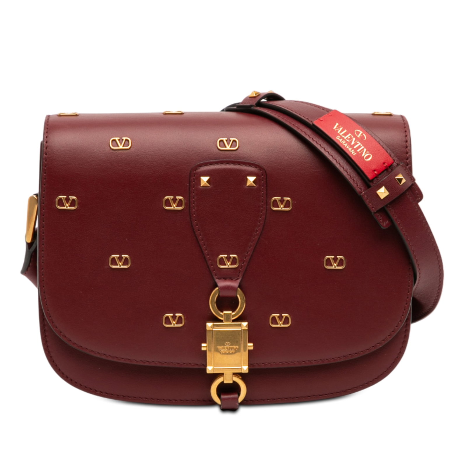 Red Leather VLogo Crossbody Bag with Embellished Flap by Valentino: Red Leather VLogo Crossbody Bag with Embellished Flap by Valentino This Valentino VLogo Embellished Leather Crossbody showcases a red leather body adorned with the signature VLogo detail. It features 