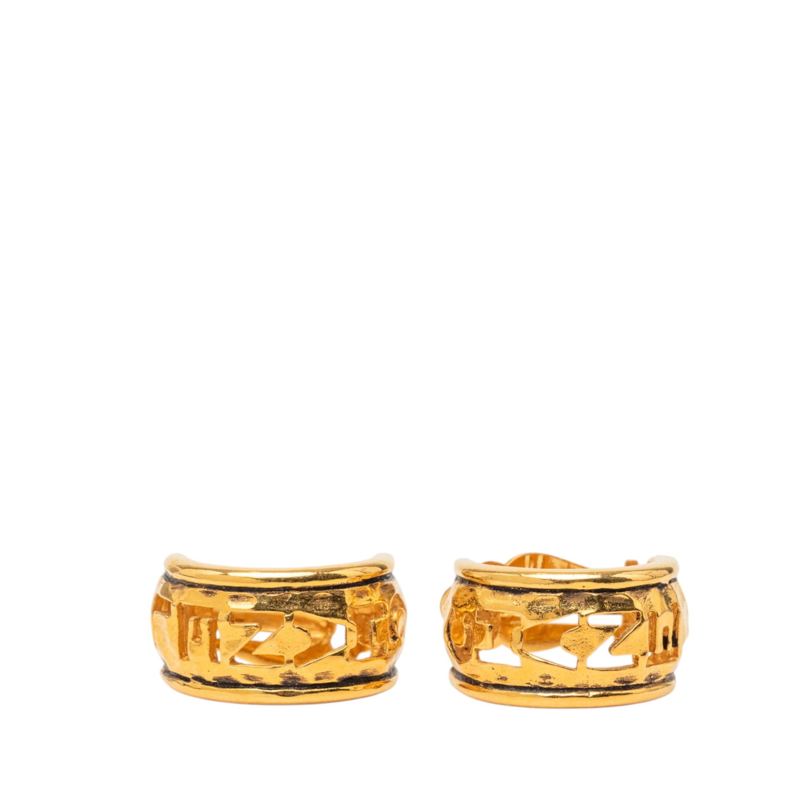 Chanel Logo Hoop Clip Earrings Gold Plated: Chanel Logo Hoop Clip Earrings Gold Plated Chanel clip-on hoop earrings with a logo design in gold-tone metal. Made in Italy, this costume jewelry pair has a classic hoop silhouette with clip-on closu