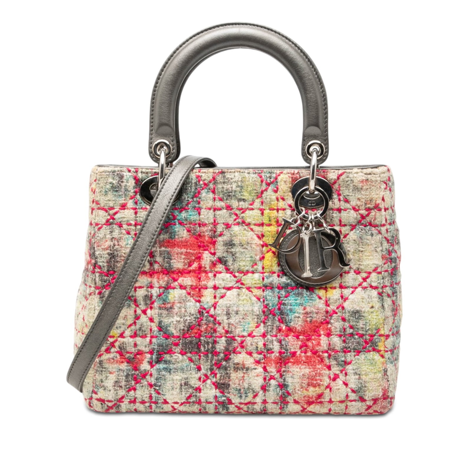 Dior Lady Dior Medium Tweed Cannage Shoulder Bag Multicolor: Dior Lady Dior Medium Tweed Cannage Shoulder Bag Multicolor Medium Lady Dior bag in multicolor tweed with Cannage detailing. This bag features flat leather handles, a detachable flat leather shoulder 