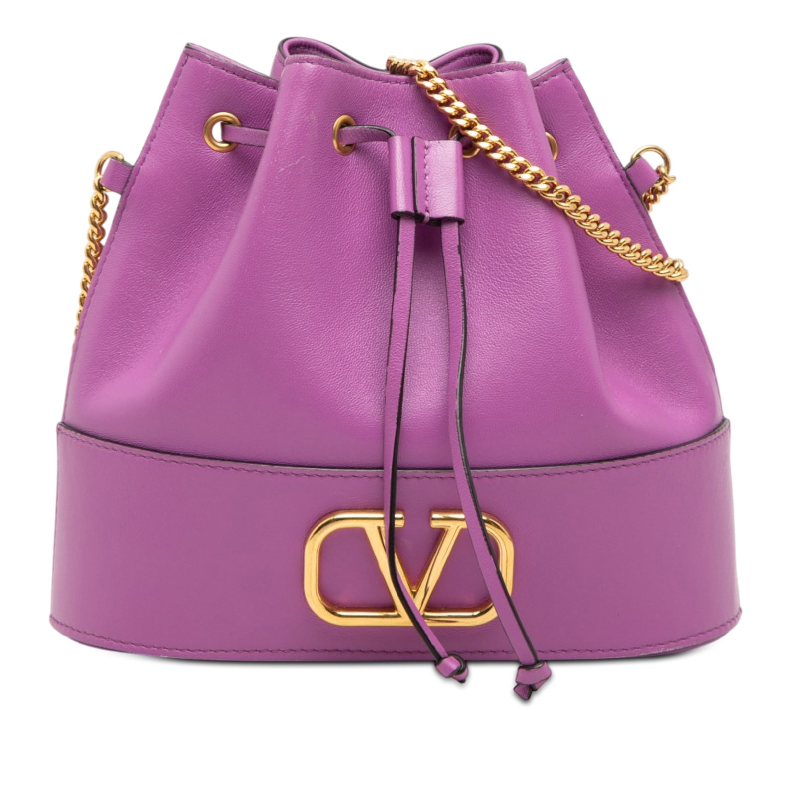 Valentino VLogo Signature Mini Nappa Leather Bucket Bag: Valentino VLogo Signature Mini Nappa Leather Bucket Bag Valentino Mini Nappa VLogo Signature Chain Bucket Bag in purple leather, made in Italy. It features a leather body, chain link shoulder strap, a