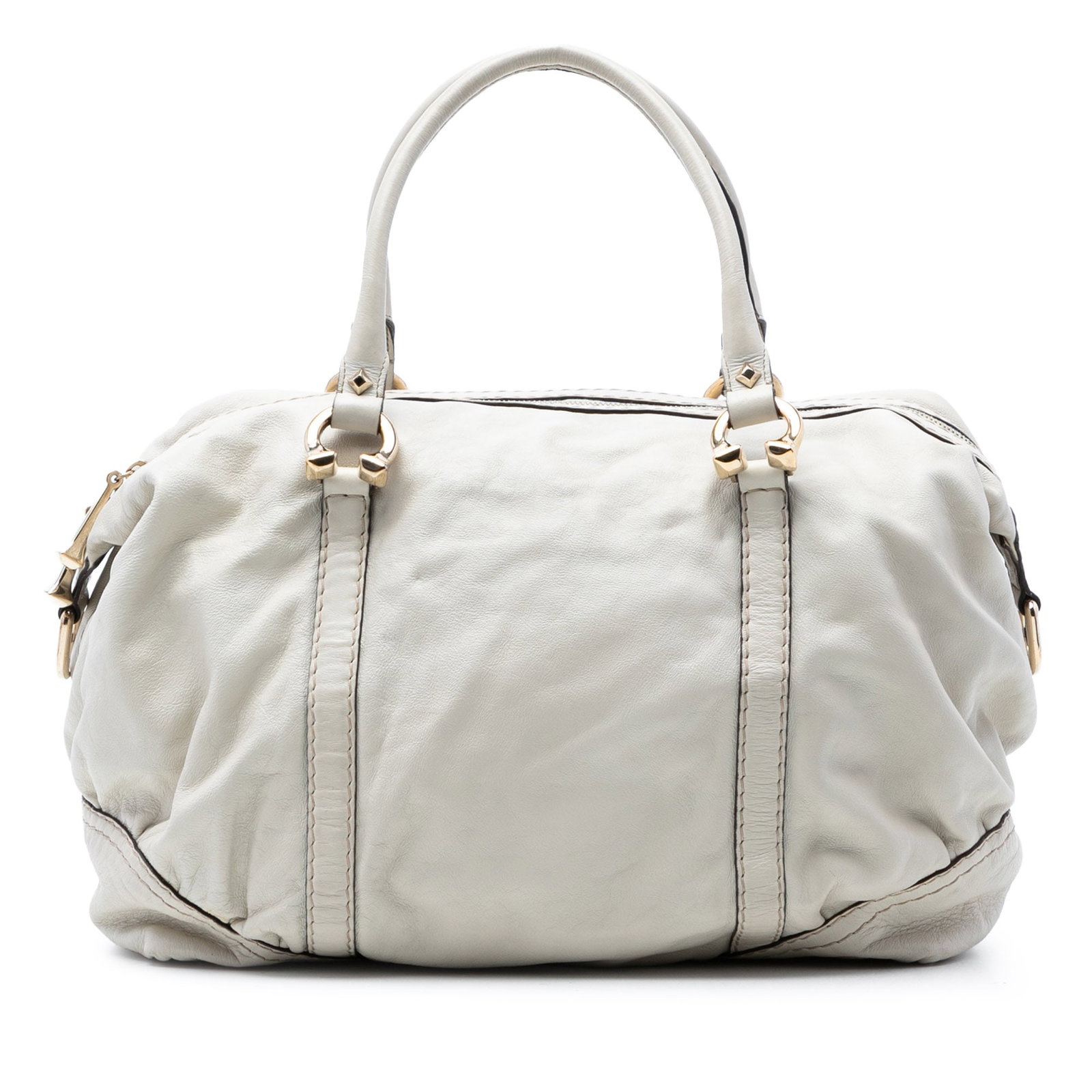 Gucci White Leather Horsebit Nail Boston Bag: Gucci White Leather Horsebit Nail Boston Bag This Gucci Leather Horsebit Nail Boston Bag features a white leather body with rolled leather handles and a top zip closure. The interior is equipped with 