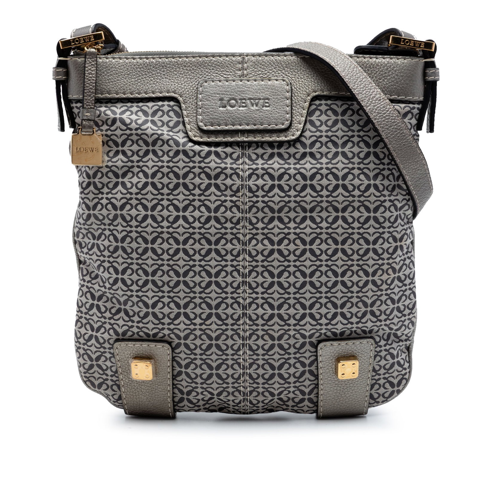 LOEWE Anagram New Road Canvas Crossbody Bag Gray: LOEWE Anagram New Road Canvas Crossbody Bag Gray LOEWE Anagram Canvas New Road Crossbody bag in gray, featuring a canvas body with leather trim and a flat leather strap. It has a top zip closure and i