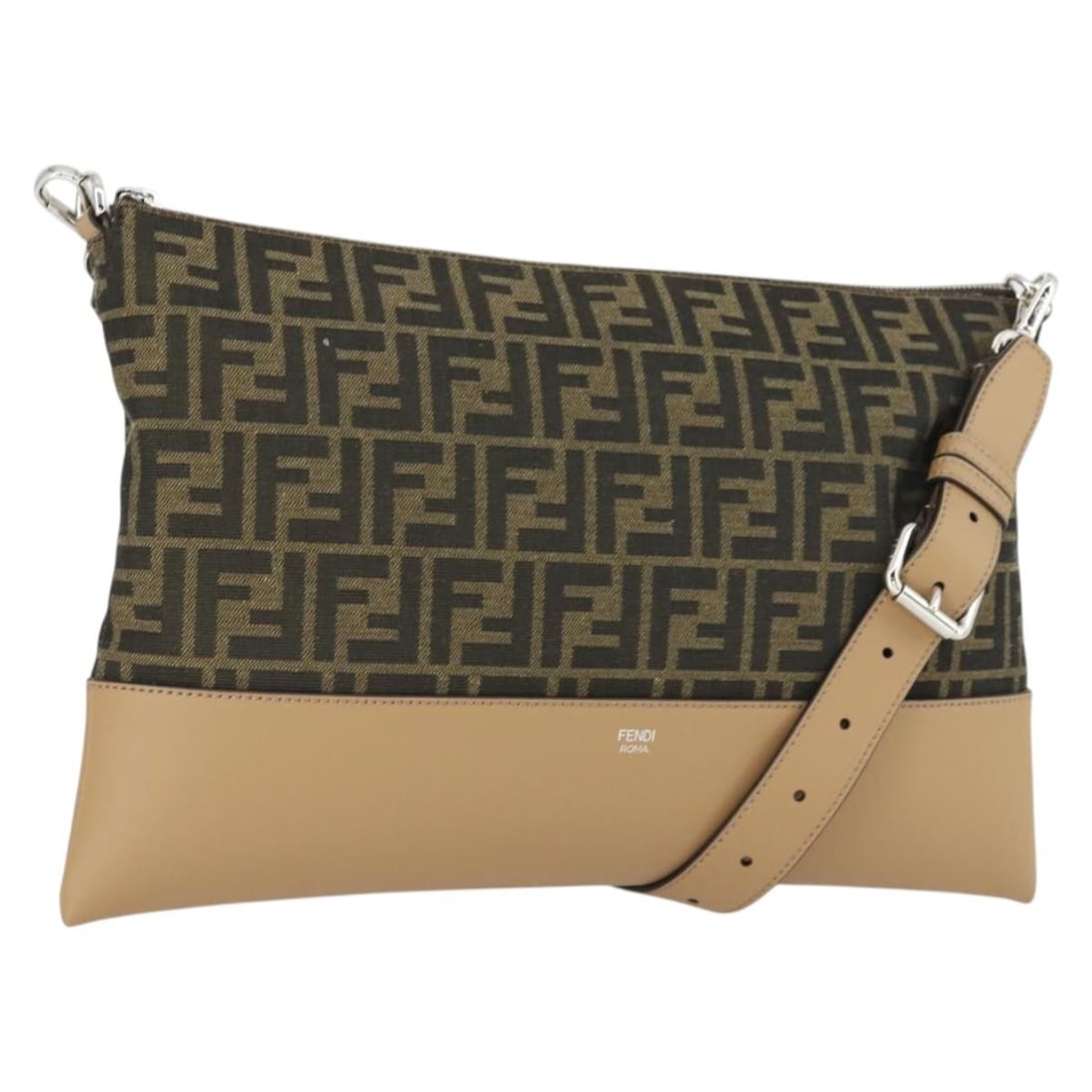 Fendi Zucca Canvas Shoulder Bag in Black and Brown with Silver Accents: Fendi Zucca Canvas Shoulder Bag in Black and Brown with Silver Accents This FENDI Zucca Canvas Shoulder Bag features a black, brown, and silver color scheme with the iconic Zucca pattern. Crafted in I