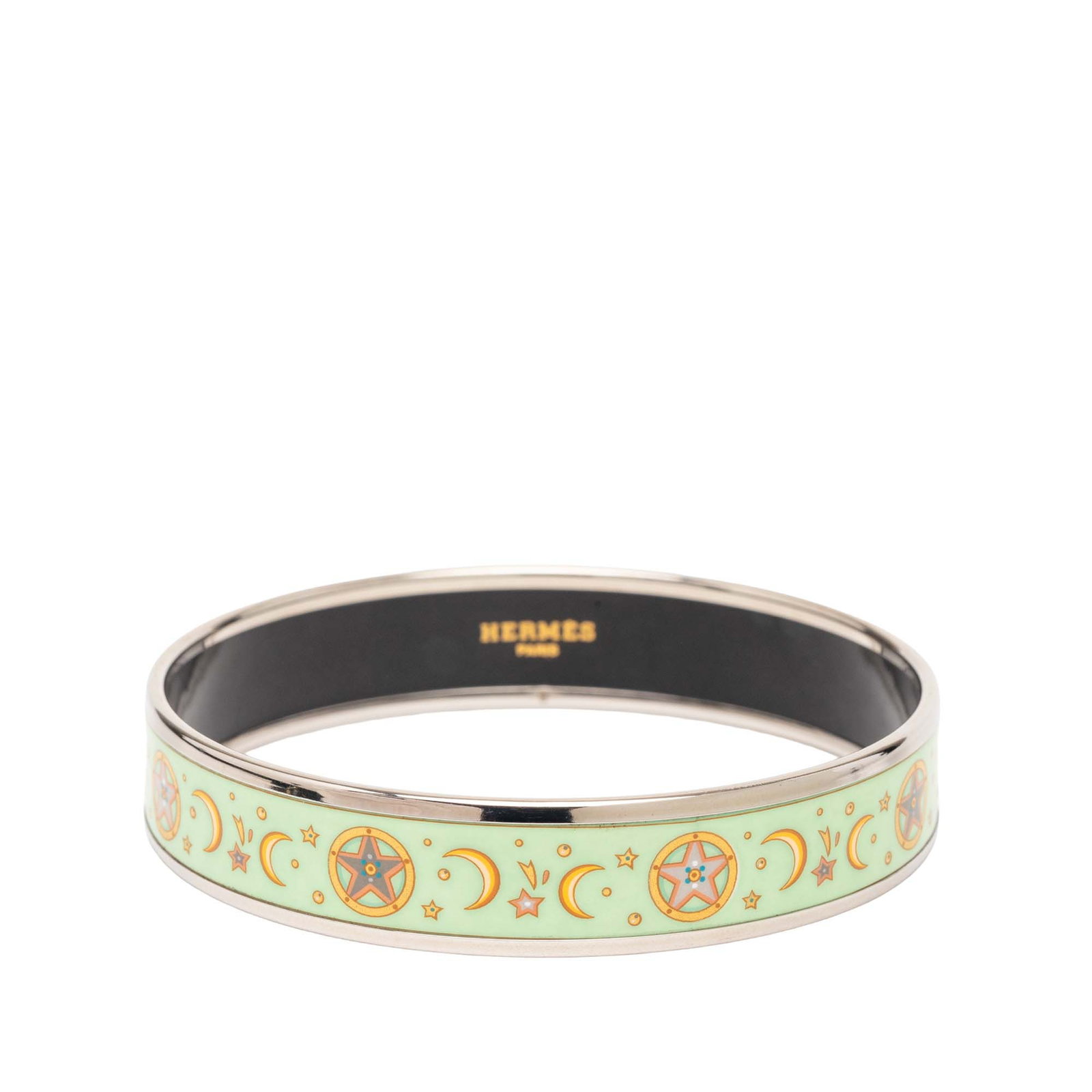 Hermes Moon and Stars Green Enamel Palladium Bangle Bracelet Size 70: Hermes Moon and Stars Green Enamel Palladium Bangle Bracelet Size 70 This Hermes bangle features a Moon and Stars print on an enamel surface with a palladium-plated body. The bracelet is presented in 