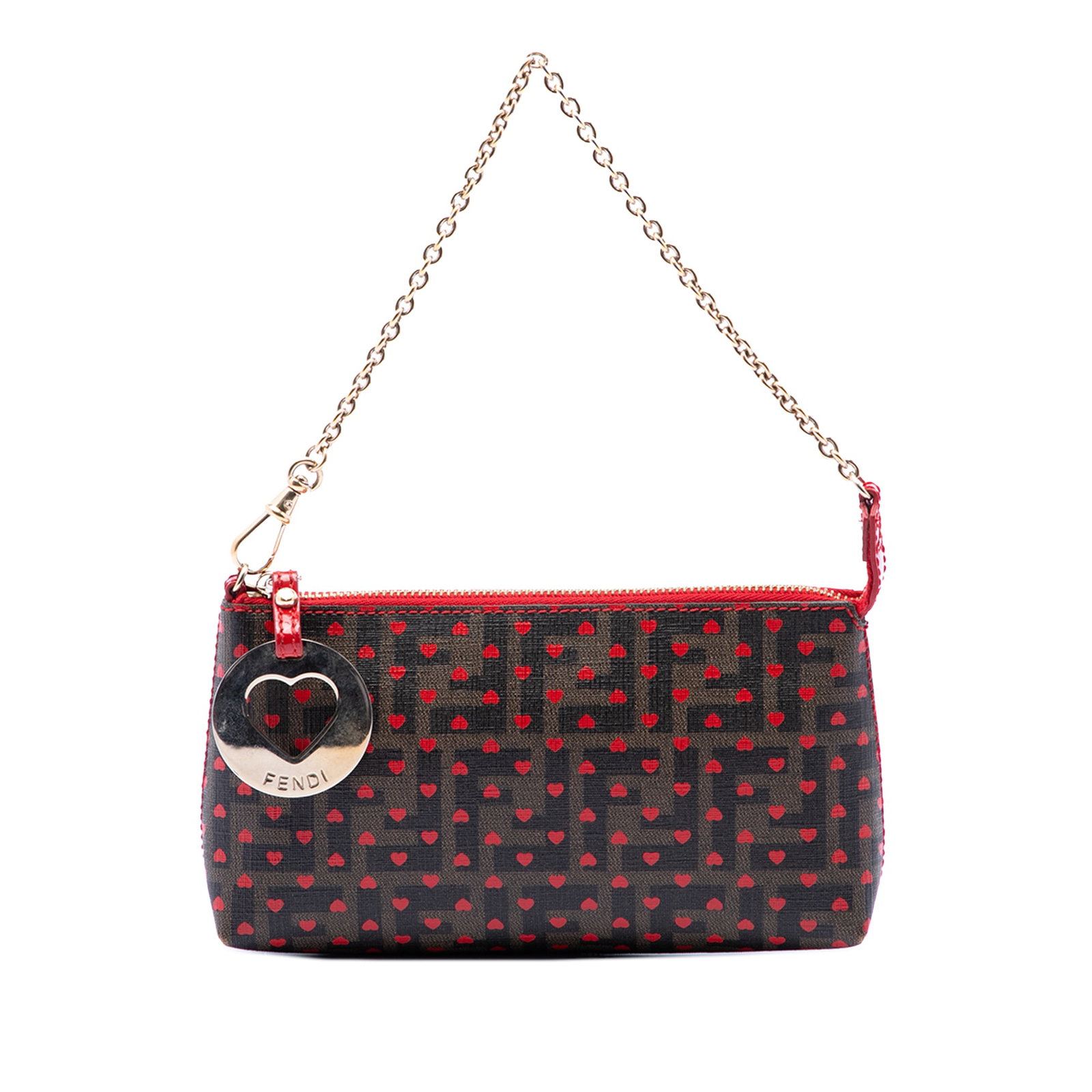 Fendi Zucca Hearts Chain Pochette Shoulder Bag: Fendi Zucca Hearts Chain Pochette Shoulder Bag This Fendi Zucca Spalmati Hearts Chain Pochette is crafted from coated canvas in a brown hue and features a distinctive heart motif. The bag is designed 