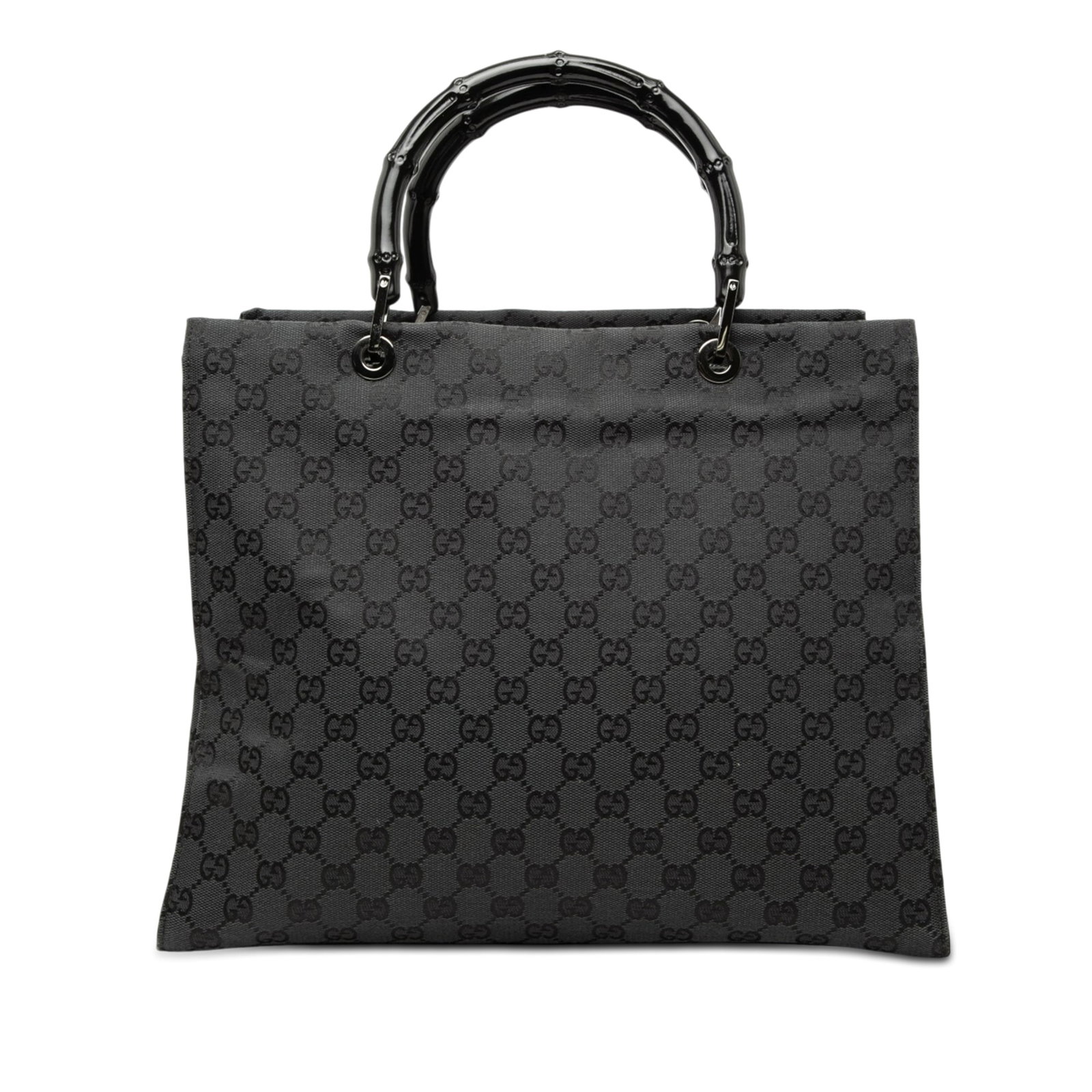 Gucci GG Canvas Bamboo Tote Bag Gray Fabric Italy: Gucci GG Canvas Bamboo Tote Bag Gray Fabric Italy This Gucci GG Canvas Bamboo handbag is crafted with a canvas body and bamboo top handles. It features an open top, an interior zip compartment, and an