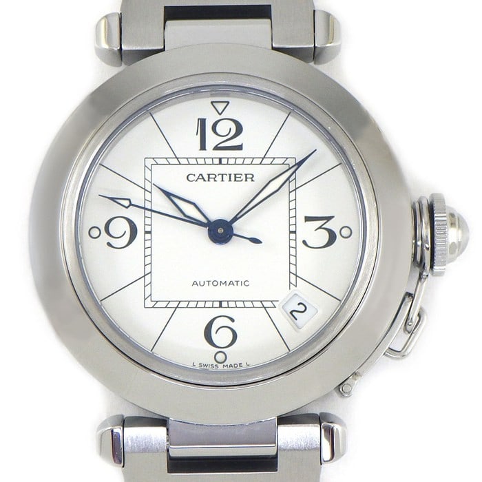 Cartier Pasha C W31074M7 Automatic Unisex Watch White Dial Box Papers: Cartier Pasha C W31074M7 Automatic Unisex Watch White Dial Box Papers Pre-owned Cartier Pasha C unisex wristwatch in stainless steel with a white dial and automatic movement. It features a calendar, l