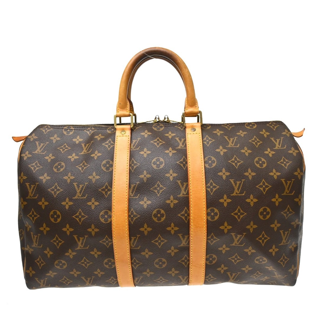 Louis Vuitton Keepall 45 Monogram Canvas Travel Duffle Bag M41428: Louis Vuitton Keepall 45 Monogram Canvas Travel Duffle Bag M41428 Louis Vuitton Monogram Keepall 45 travel duffle handbag in brown monogram canvas and leather, made in France. The bag is in fair condi