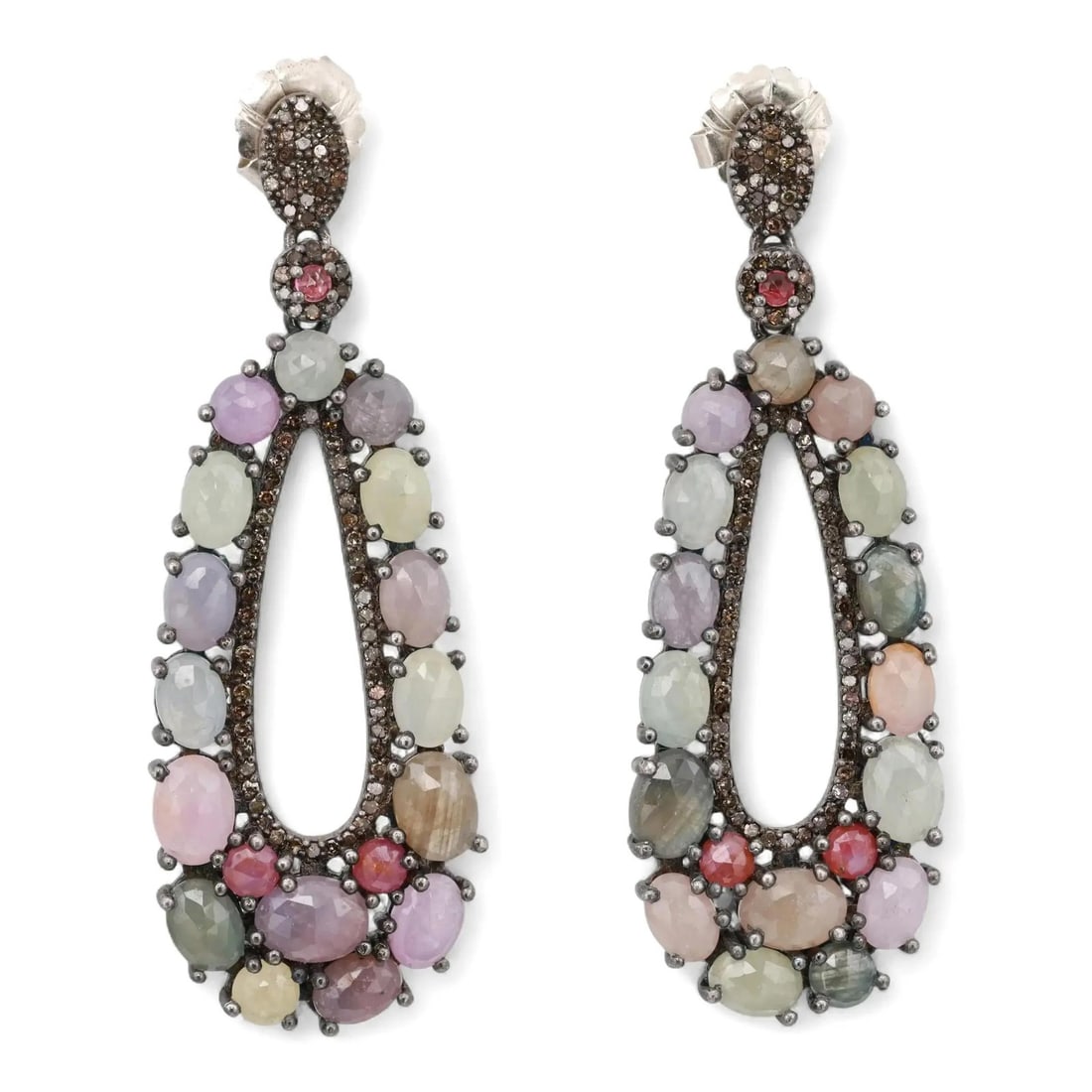 Vibrant Tourmaline and Diamond Dangle Earrings in 925 Sterling Silver by Bavna: Vibrant Tourmaline and Diamond Dangle Earrings in 925 Sterling Silver by Bavna These Bavna drop earrings showcase a striking combination of multicolor tourmaline gemstones and round champagne color di