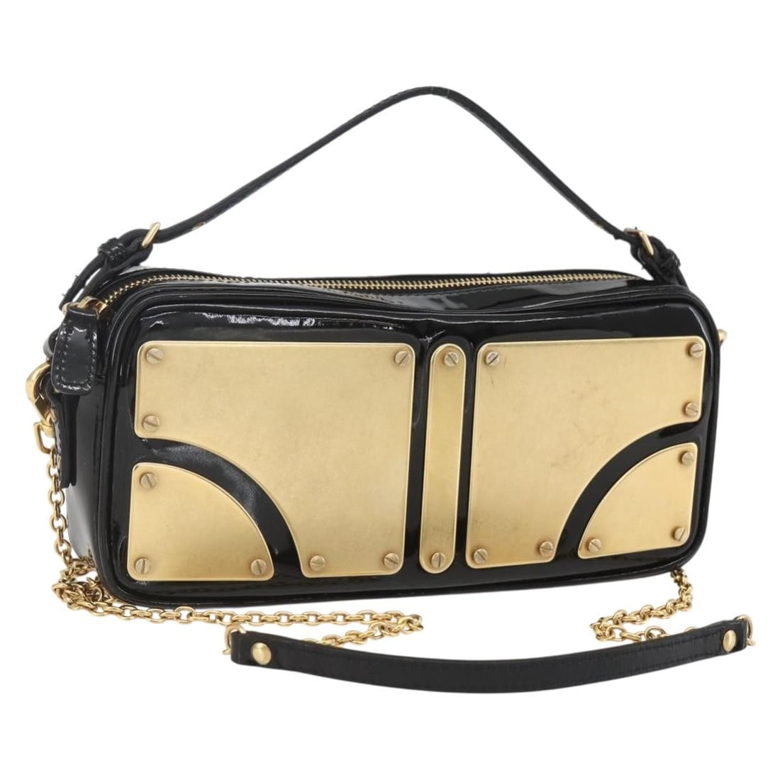 Black Enamel 2way Shoulder Bag with Chain by Miu Miu Gold Detail: Black Enamel 2way Shoulder Bag with Chain by Miu Miu Gold Detail This Miu Miu shoulder bag features a sleek black and gold enamel exterior and offers versatile 2-way styling with a chain strap. Crafte