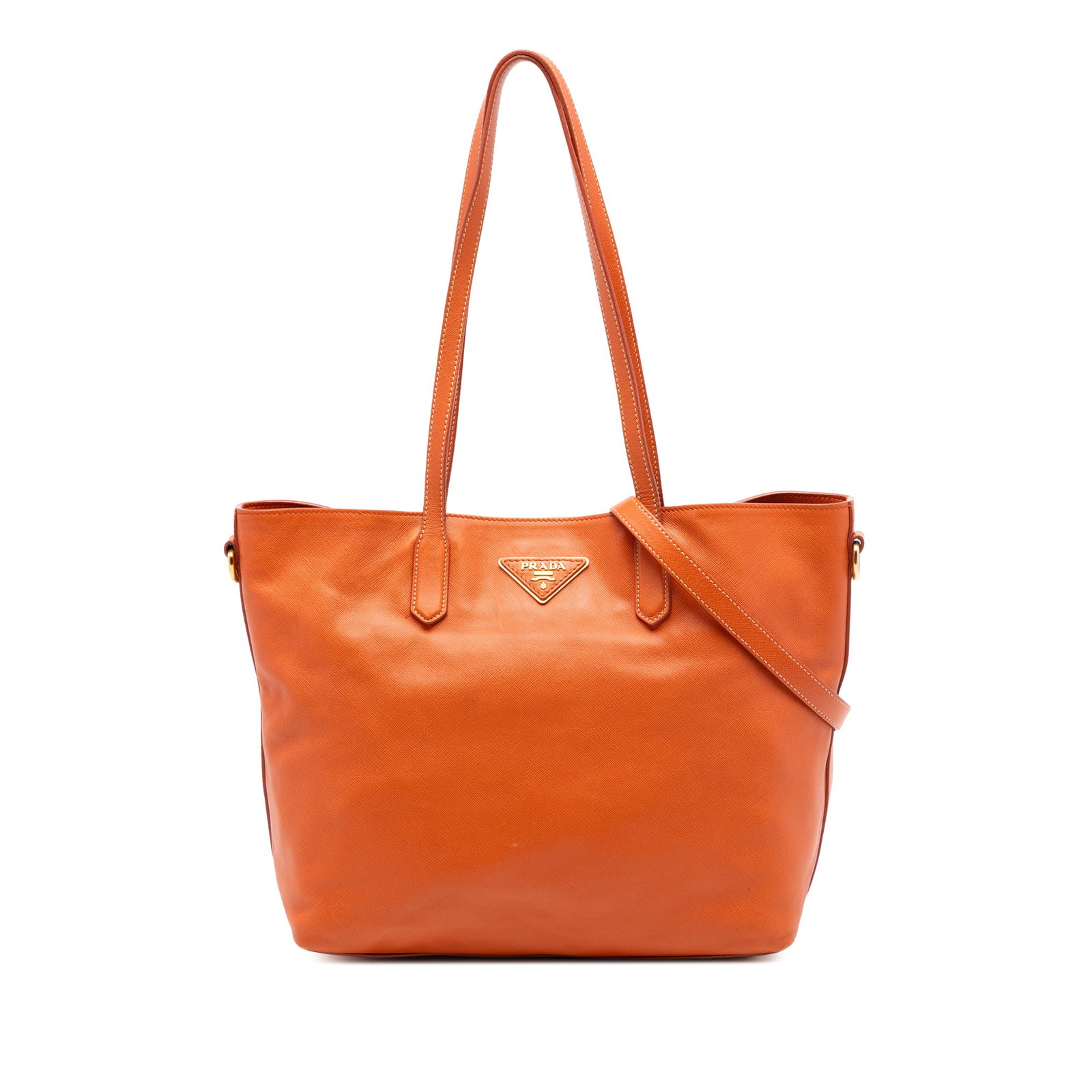 Prada Saffiano Open Convertible Tote Orange Leather Satchel: Prada Saffiano Open Convertible Tote Orange Leather Satchel This Prada Saffiano Open Convertible Tote is crafted in orange saffiano leather with flat leather handles and an adjustable, detachable flat