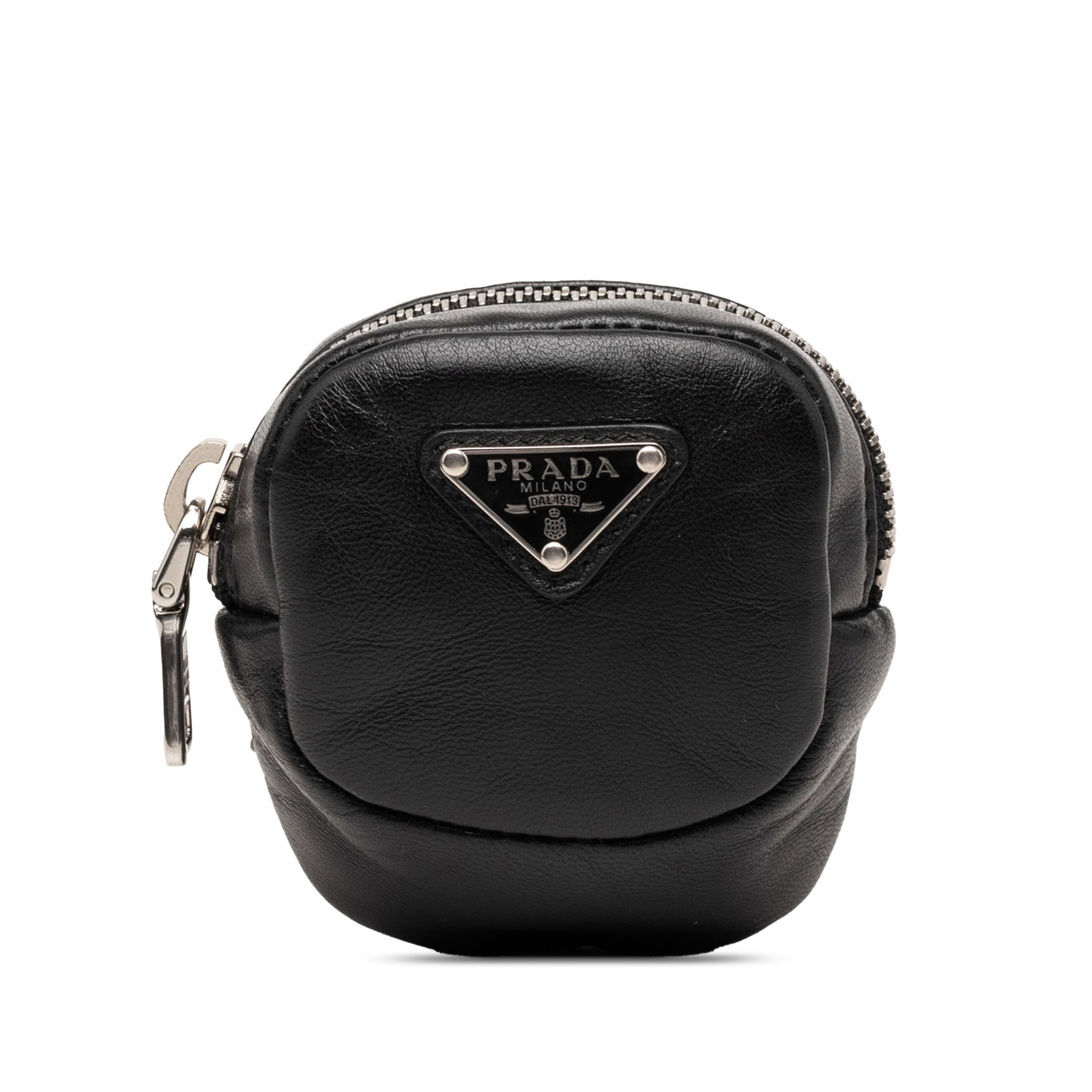 Prada Mini Arm Pouch Black Leather Zip Case: Prada Mini Arm Pouch Black Leather Zip Case Compact Prada arm pouch crafted in leather with an adjustable elastic band and top zip closure. This mini pouch comes with a dust bag. Condition is AB with 