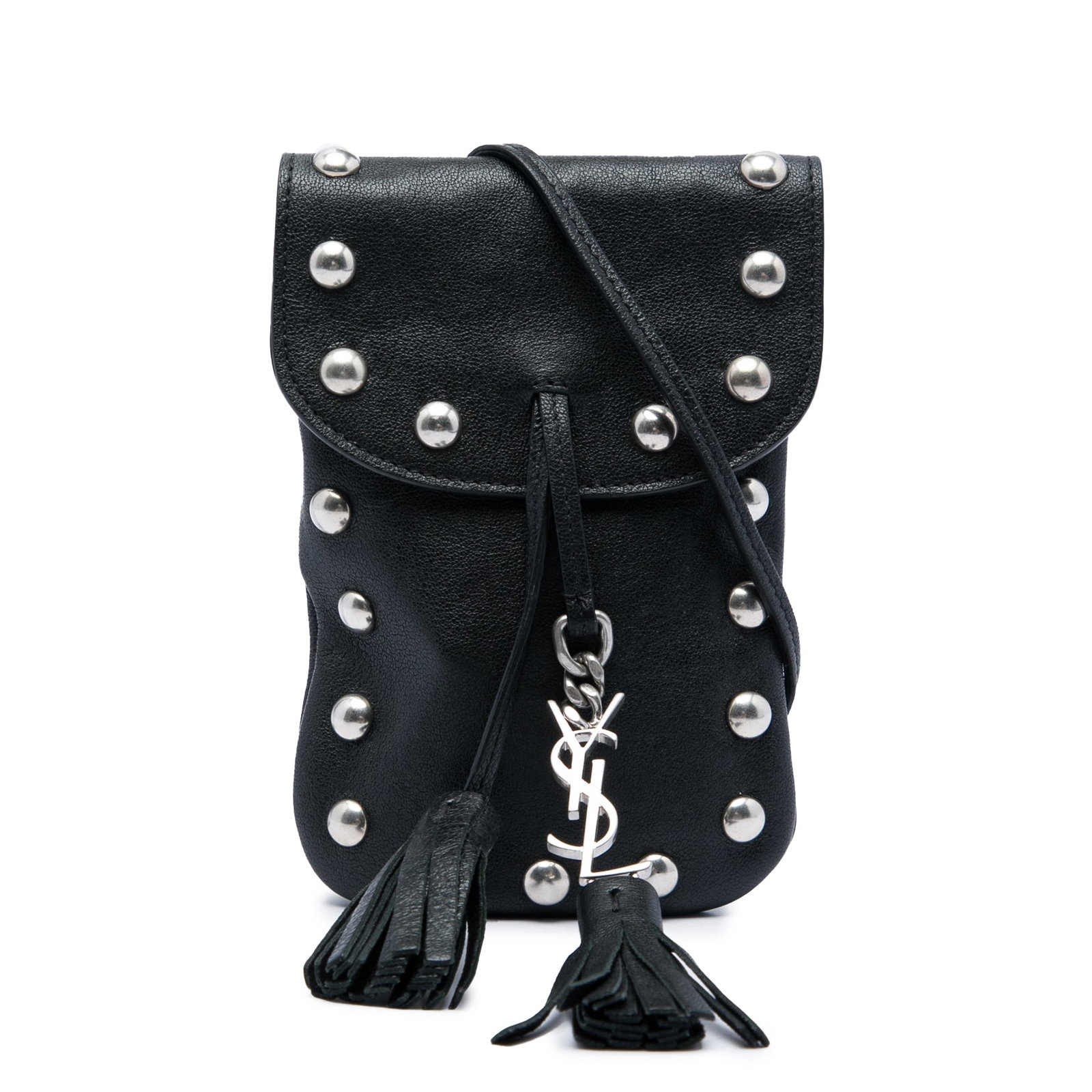 Saint Laurent Studded Leather Crossbody Phone Pouch Black: Saint Laurent Studded Leather Crossbody Phone Pouch Black Saint Laurent Studded Leather Phone Pouch crossbody bag in black leather, made in Italy. It features tassel details, a flat leather strap, and
