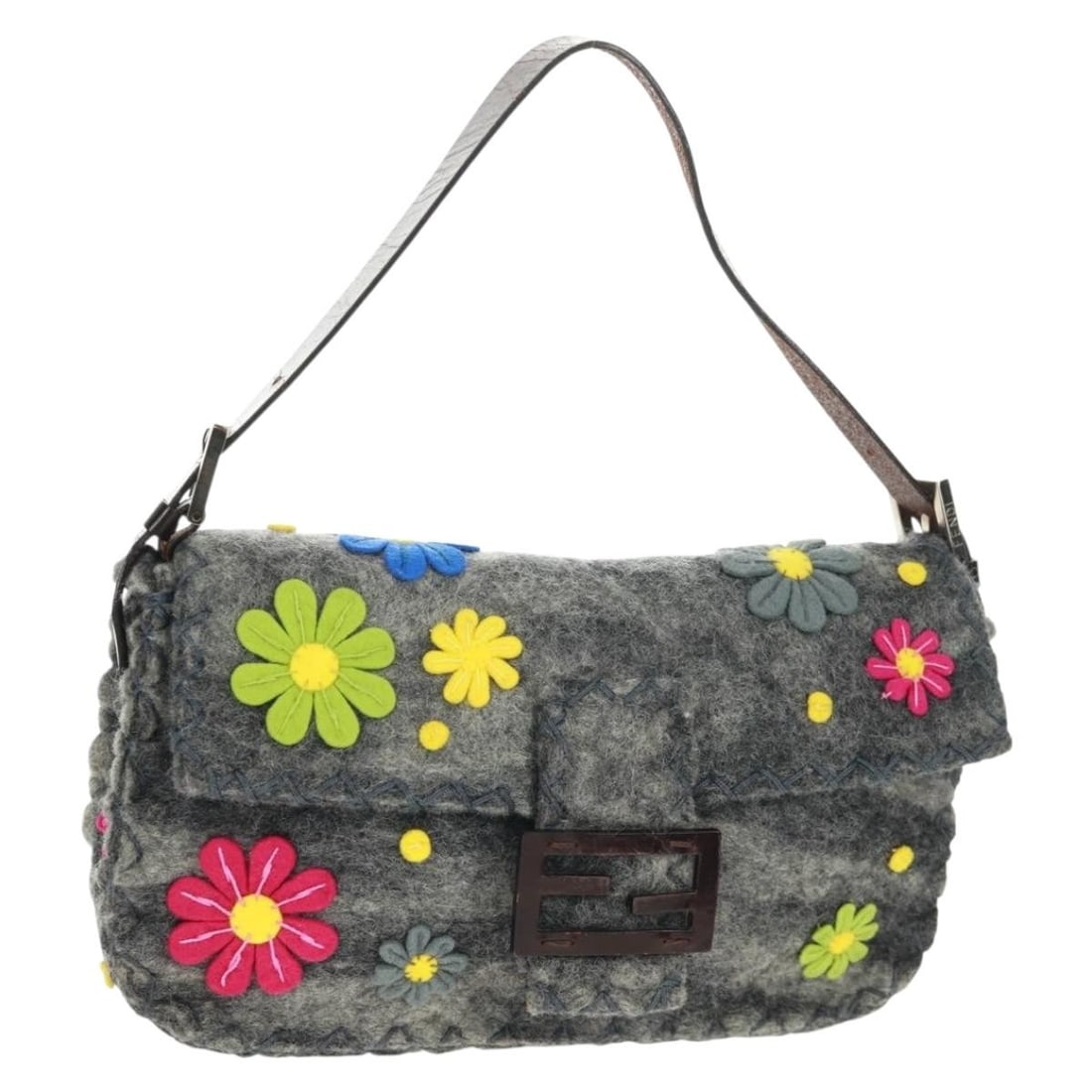 Fendi Mamma Baguette Wool Shoulder Bag Gray Silver Floral Pattern Italy: Fendi Mamma Baguette Wool Shoulder Bag Gray Silver Floral Pattern Italy This FENDI Flower Pattern Mamma Baguette is a women's shoulder bag crafted from gray and silver wool, designed in the iconic bag
