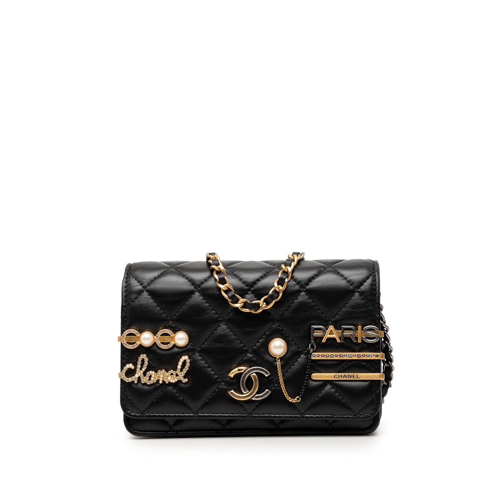 Chanel Coco Clips Mini WOC in Quilted Black Lambskin: Chanel Coco Clips Mini WOC in Quilted Black Lambskin This Chanel Mini CC Quilted Lambskin Coco Clips Wallet on Chain is crafted in black quilted lambskin with clip embellishments and a leather-woven c