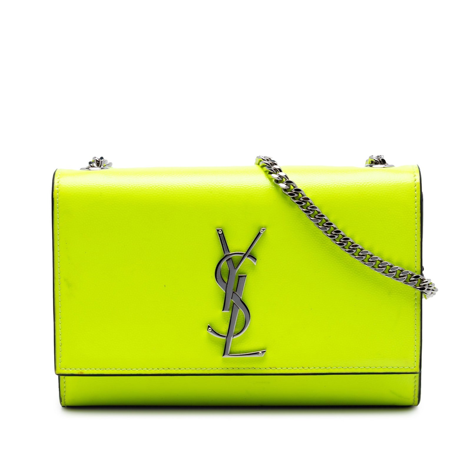 Saint Laurent Kate Small Yellow Patent Leather Crossbody Bag: Saint Laurent Kate Small Yellow Patent Leather Crossbody Bag This Saint Laurent Kate crossbody bag is crafted in grained patent leather and finished in yellow with a silver-tone chain link shoulder st