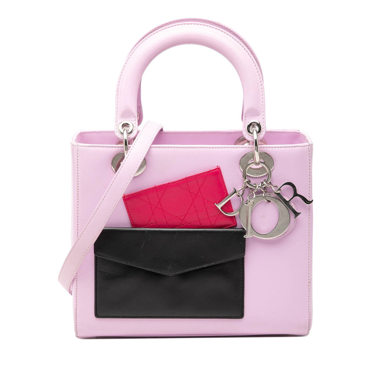Dior Lady Dior Medium Pink Calfskin Handbag with Pockets: Dior Lady Dior Medium Pink Calfskin Handbag with Pockets Medium Lady Dior bag in pink calfskin with top handles, a detachable shoulder strap, top zip closure, exterior flap and slip pockets, and an in