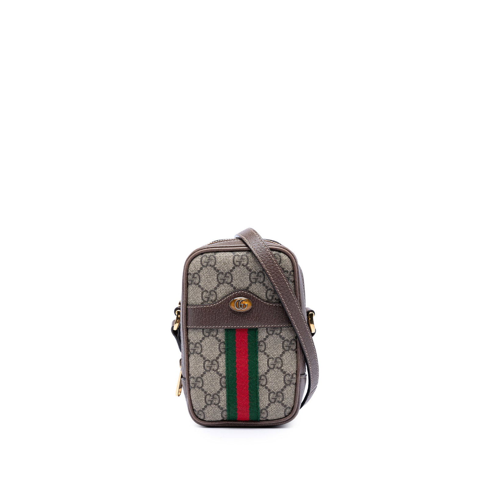 Gucci Ophidia Double Zip Crossbody in GG Supreme Web Canvas: Gucci Ophidia Double Zip Crossbody in GG Supreme Web Canvas Gucci GG Supreme Web Ophidia Double Zip Crossbody bag in beige, made with a coated canvas body and leather trim. It features an adjustable f