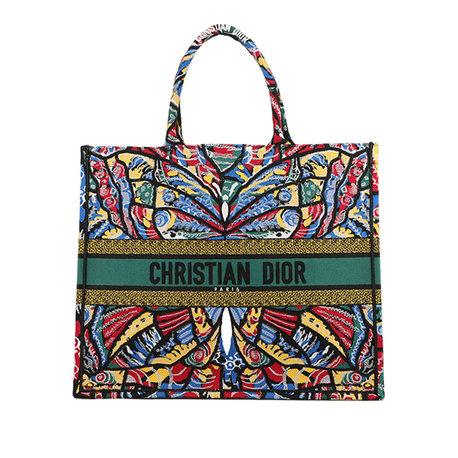 Dior Butterfly Book Tote Large Embroidered Canvas Bag: Dior Butterfly Book Tote Large Embroidered Canvas Bag Large Dior Book Tote in red embroidered canvas with a butterfly design. This open-top bag features rolled handles and includes one card. Condition