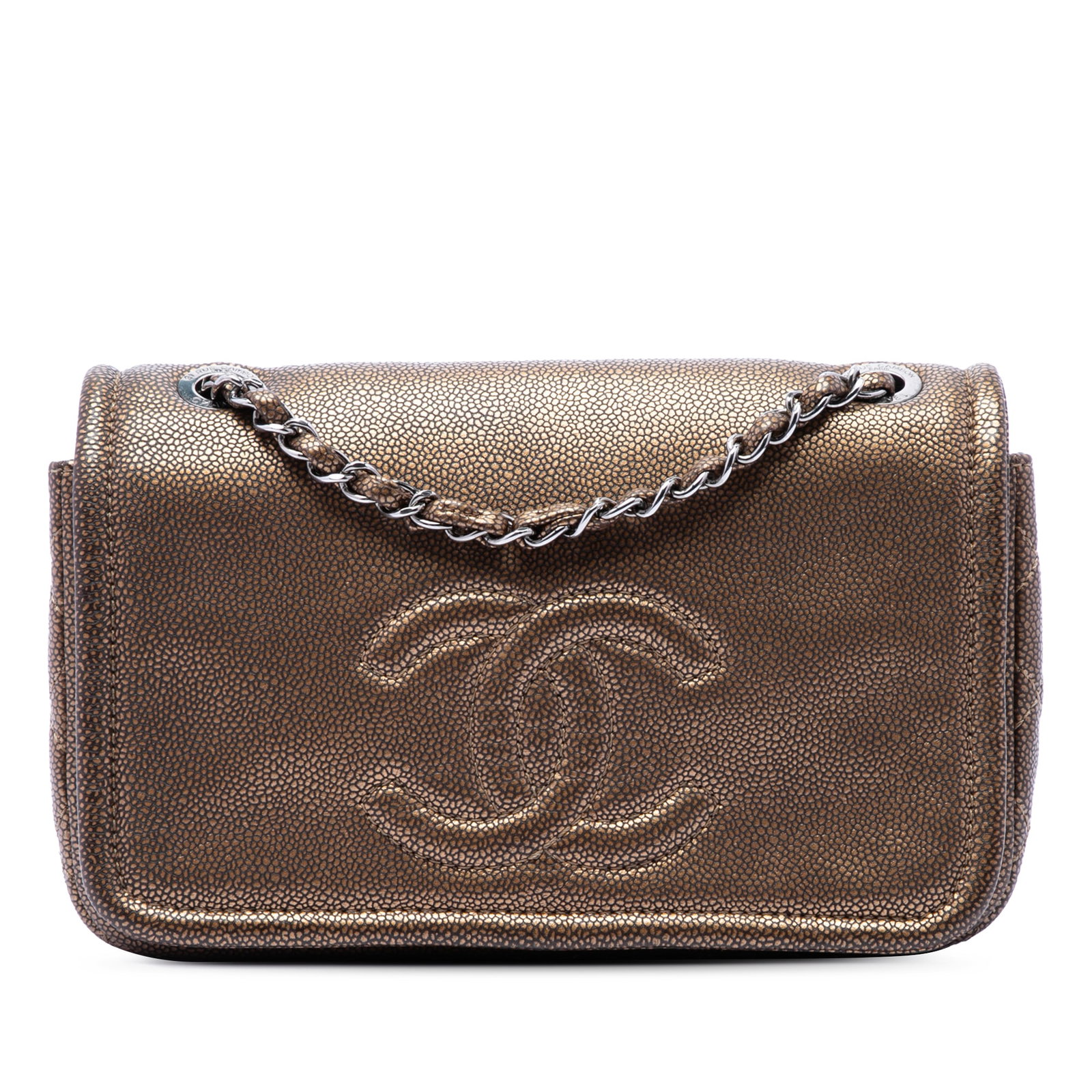 Chanel Timeless Flap Small Metallic Caviar Leather Shoulder Bag: Chanel Timeless Flap Small Metallic Caviar Leather Shoulder Bag Shoulder bag in caviar leather with leather-woven chain link straps and a front flap with magnetic snap closure. It features interior zi