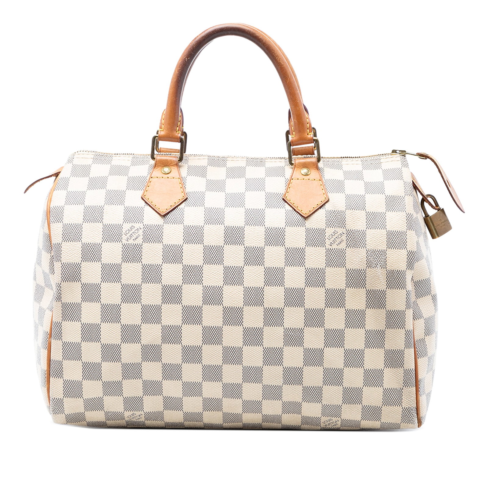 Louis Vuitton Damier Azur canvas Speedy 30 handbag: Louis Vuitton Damier Azur canvas Speedy 30 handbag This Louis Vuitton Damier Azur Speedy 30 features the iconic damier canvas exterior in a white colorway, complemented by rolled leather handles and a