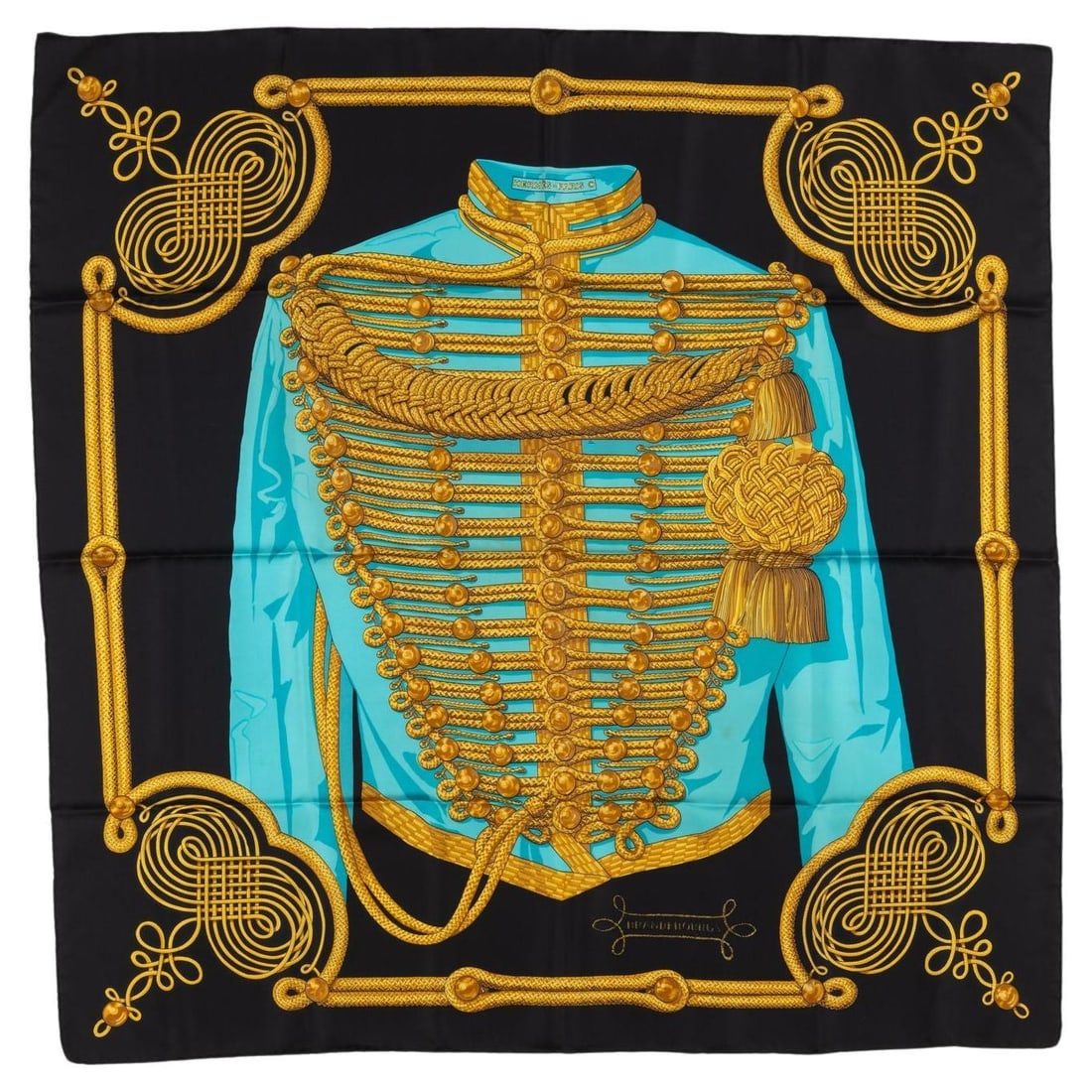 Rare Hermes Brandebourg Silk Scarf Black Turquoise 35in: Rare Hermes Brandebourg Silk Scarf Black Turquoise 35in Discover the elegance of this rare Hermes Brandebourg Silk Scarf, featuring a stunning black and turquoise color combination. Crafted from 100% 