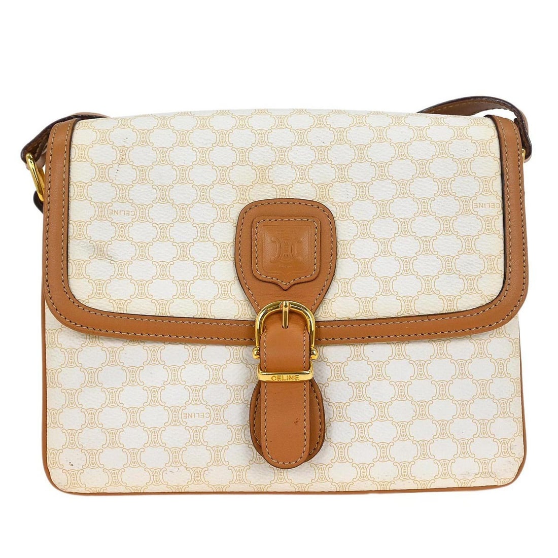CELINE Macadam White PVC and Leather Medium Shoulder Bag: CELINE Macadam White PVC and Leather Medium Shoulder Bag Celine Macadam shoulder bag in white PVC and leather with logo accents and a shoulder strap. Made in Italy, this medium bag features one exteri