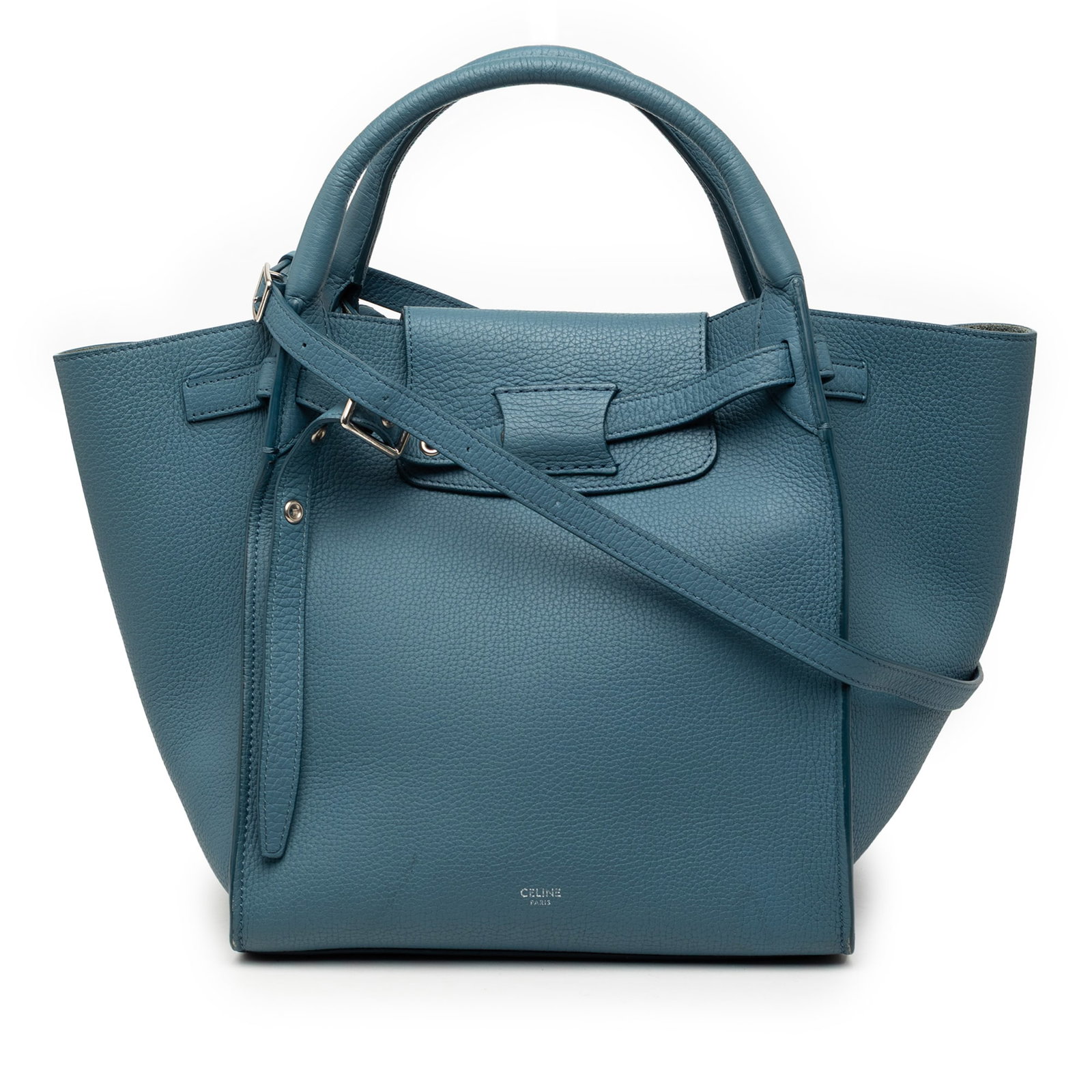 Celine Big Bag Small Blue Leather Shoulder Tote with Flap Closure: Celine Big Bag Small Blue Leather Shoulder Tote with Flap Closure This Celine Small Grained Calfskin Big Bag features a blue leather body with rolled leather handles, a flat leather shoulder strap, an