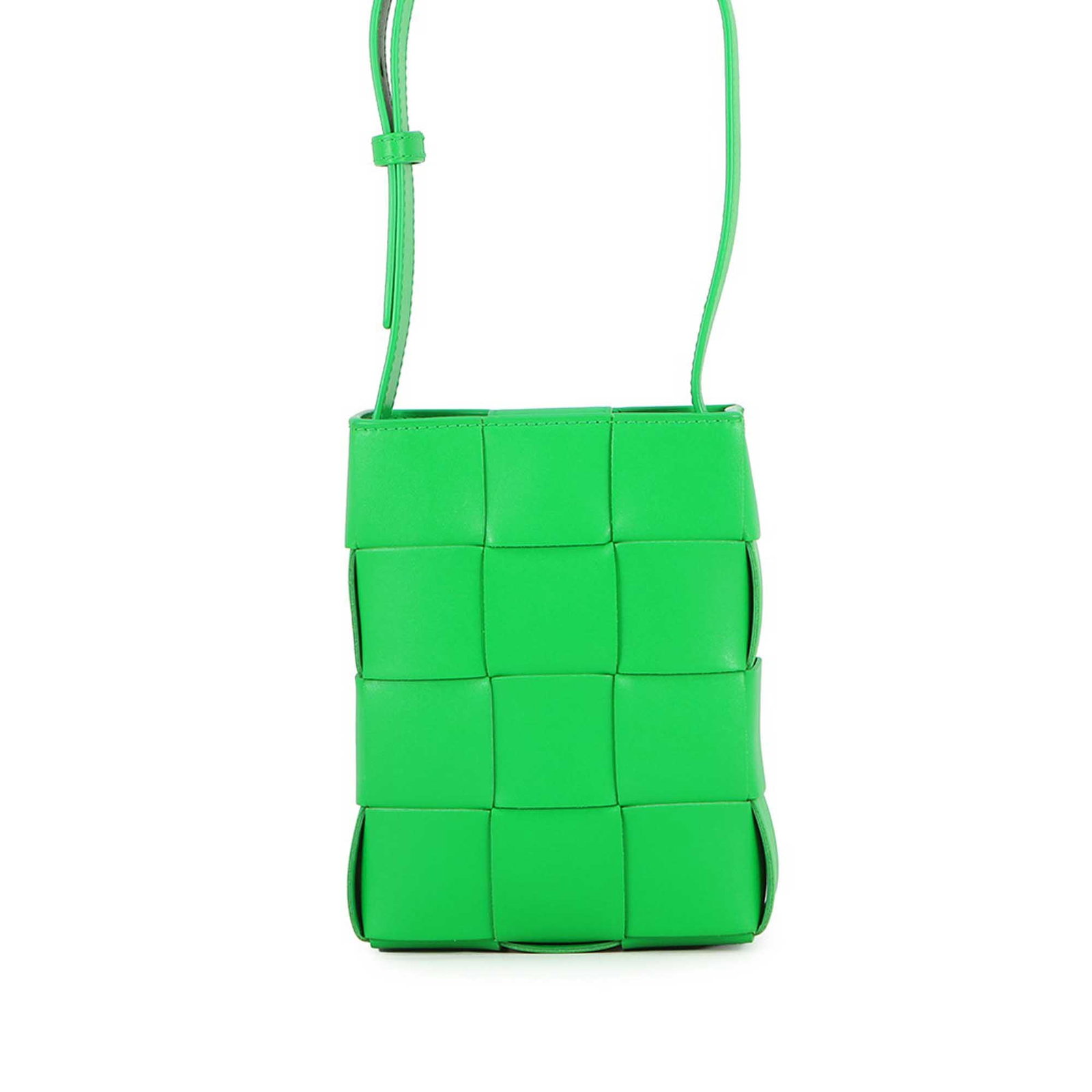 Bottega Veneta Vertical Cassette Mini Intrecciato Nappa Leather Crossbody: Bottega Veneta Vertical Cassette Mini Intrecciato Nappa Leather Crossbody A Bottega Veneta Mini Nappa Intrecciato Vertical Cassette Crossbody bag in green, crafted from leather with a woven nappa leat