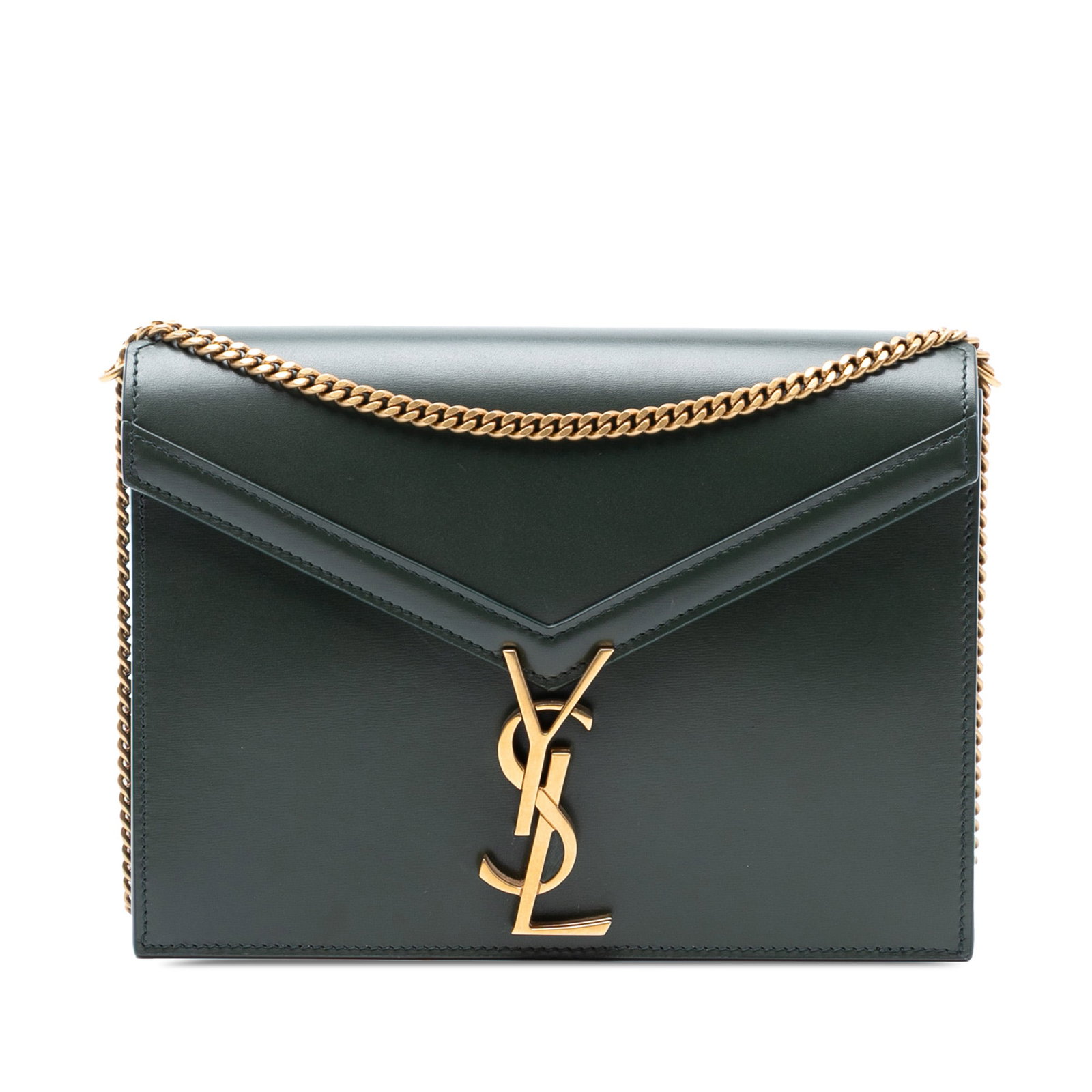 Saint Laurent Cassandra Monogram Leather Shoulder Bag with Chain Strap: Saint Laurent Cassandra Monogram Leather Shoulder Bag with Chain Strap This Saint Laurent Smooth Calfskin Monogram Cassandra Clasp Bag features a green leather body with a chain link strap, a front fl