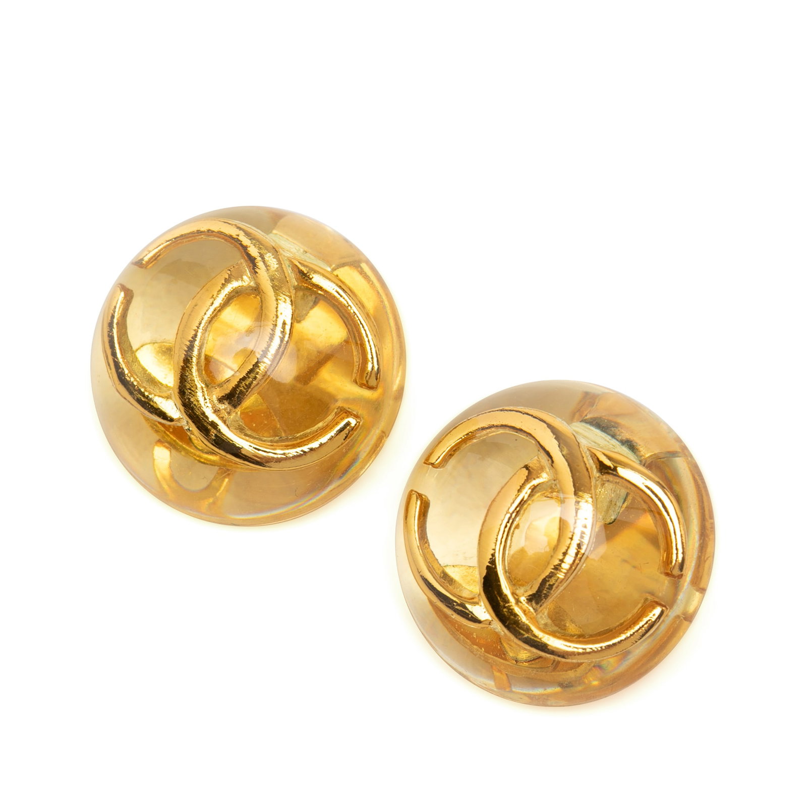 Chanel CC Clip-On Earrings Resin Gold Plated: Chanel CC Clip-On Earrings Resin Gold Plated Chanel CC Resin and Gold Plated Clip On Earrings featuring a resin body, gold-tone CC logo, and clip-on closures. The earrings are made of plastic and orig