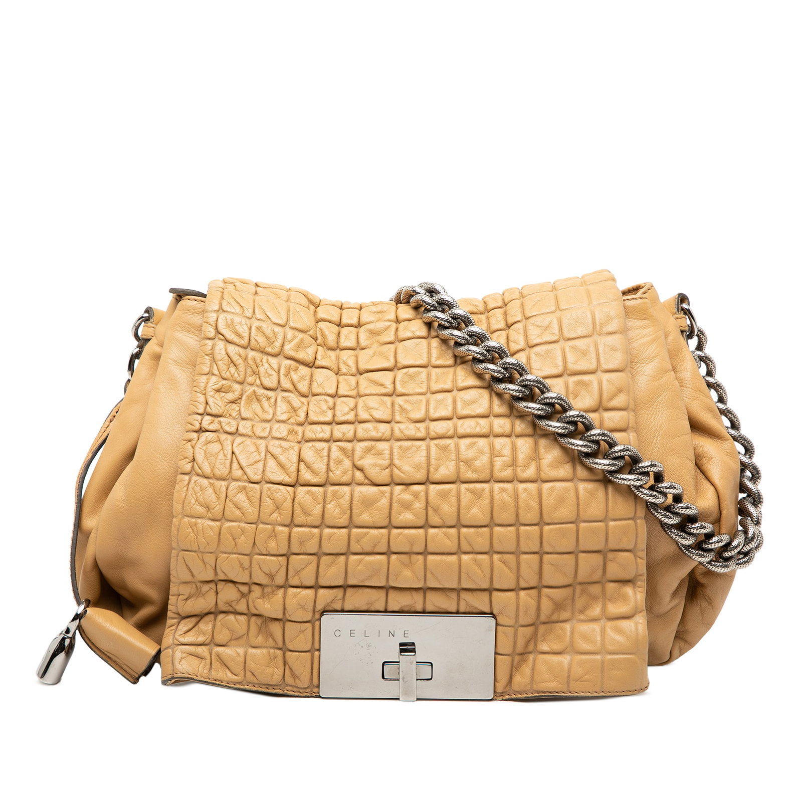 Celine Watch Me Gauffre Lambskin Flap Chain Shoulder Bag: Celine Watch Me Gauffre Lambskin Flap Chain Shoulder Bag This Celine shoulder bag features a brown lambskin leather body with a distinctive gauffre texture, a chain link strap, and a front flap secure