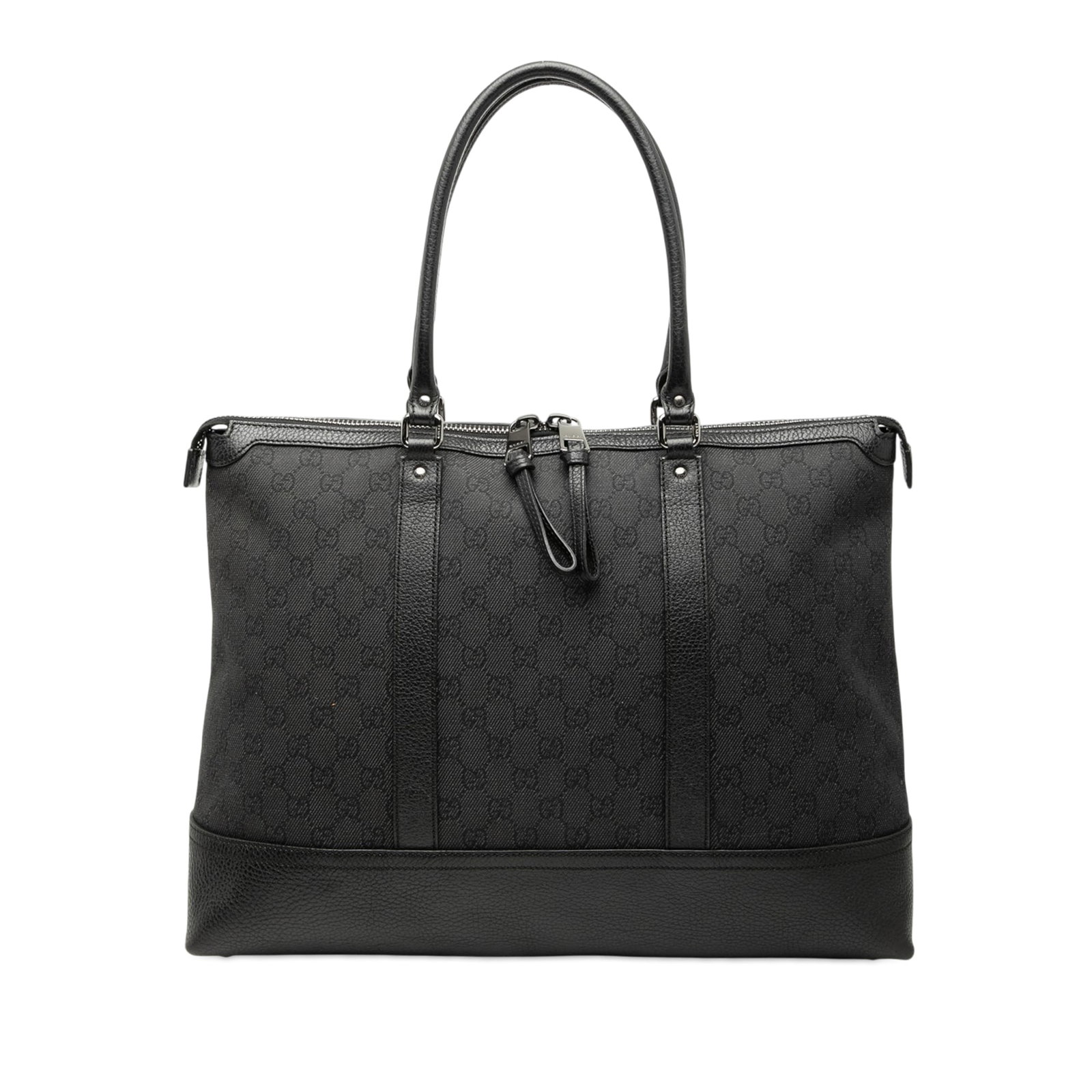 Gucci Black Denim Tote with Leather Trim: Gucci Black Denim Tote with Leather Trim This Gucci GG Denim Tote features a denim exterior with leather trim, rolled leather handles, and a top zip closure. The interior includes both zip and slip po