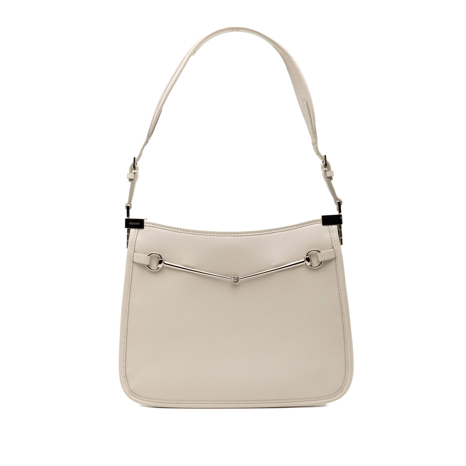 Gucci Horsebit Small White Leather Shoulder Bag with Adjustable Strap: Gucci Horsebit Small White Leather Shoulder Bag with Adjustable Strap This Gucci Small Calfskin Slim Horsebit Shoulder Bag is crafted from white calfskin leather and features an adjustable flat leathe