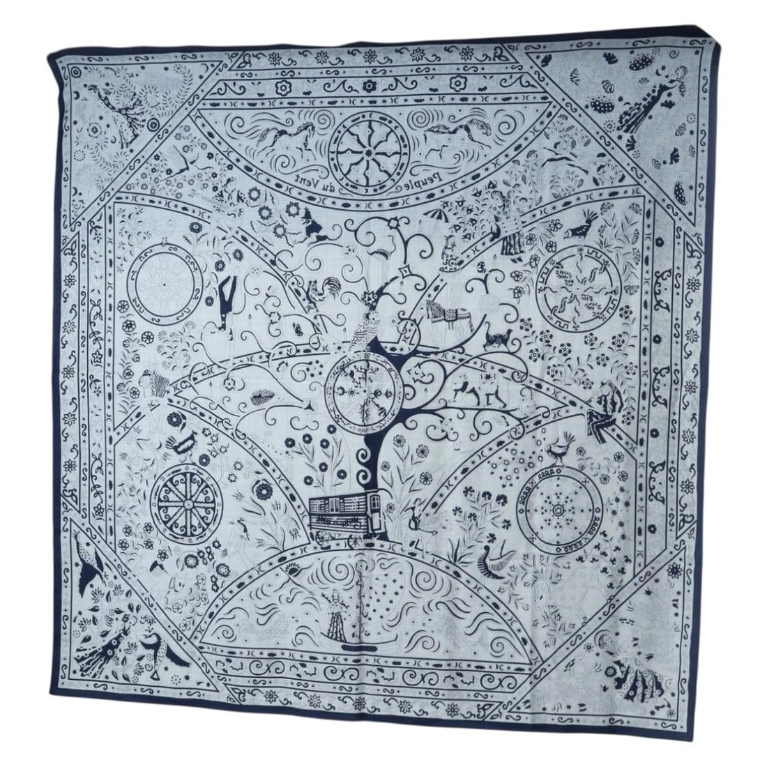 Hermes Peuple Du Vent Cashmere Scarf 140 Navy France: Hermes Peuple Du Vent Cashmere Scarf 140 Navy France Hermes Carre 140 scarf in navy cashmere, titled "Peuple Du Vent." It is a 140 cm square scarf made in France and offered in Very Good condition wit