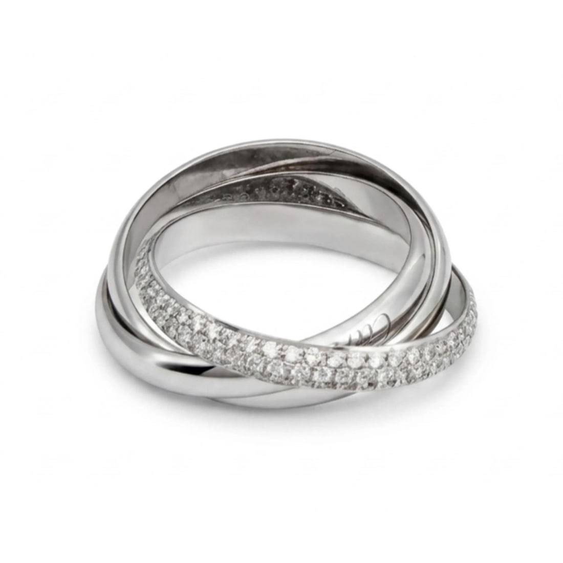 Cartier 18K White Gold Diamond Trinity Band Ring Size 64: Cartier 18K White Gold Diamond Trinity Band Ring Size 64 This Cartier Diamond Trinity Band Ring is crafted from 18k white gold and features one band set with pave round brilliant cut diamonds. Designe
