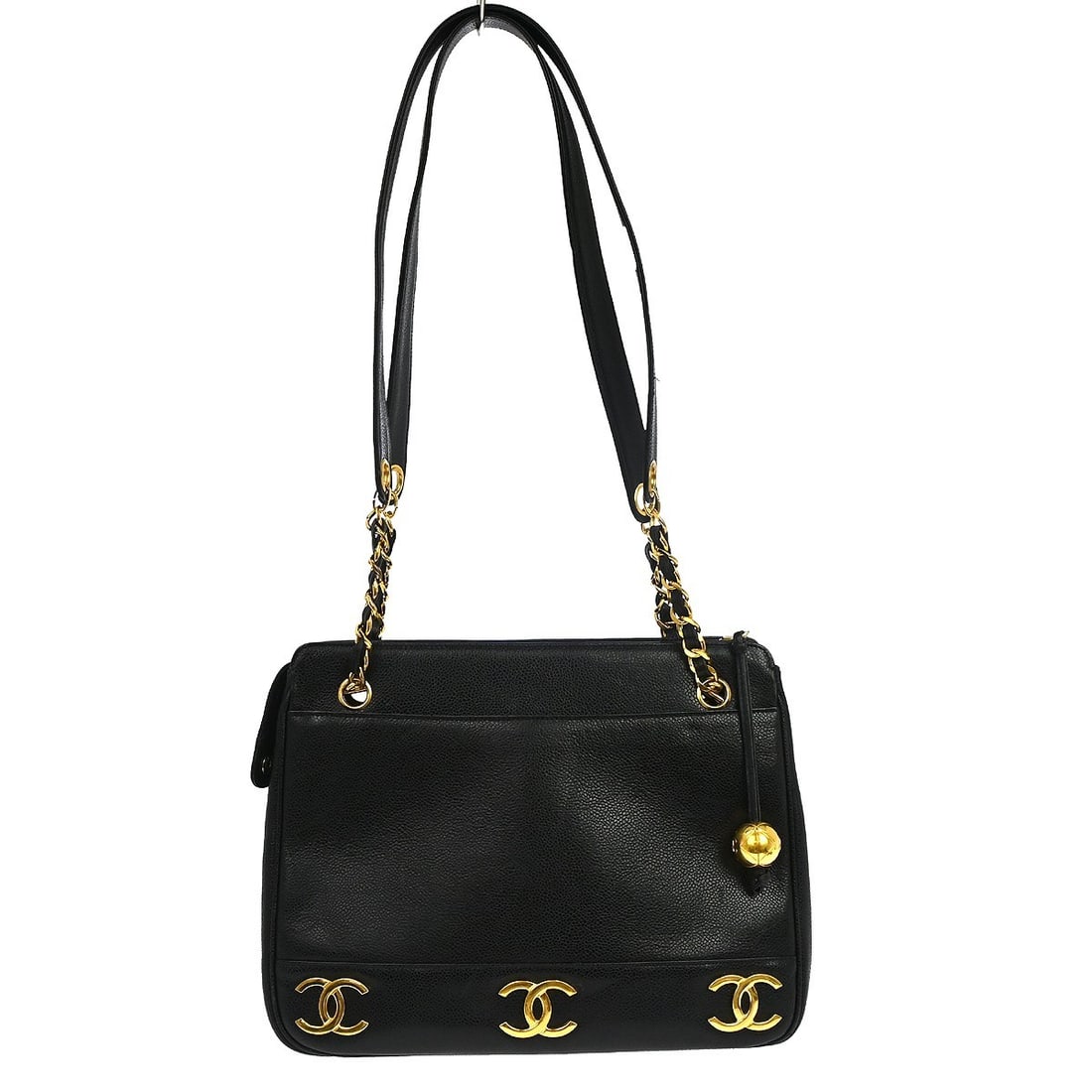 CHANEL Triple CC Caviar Leather Tote Shoulder Bag Black: CHANEL Triple CC Caviar Leather Tote Shoulder Bag Black Chanel Black Calfskin Triple CC Shoulder Tote Bag in medium size, made in Italy. This black tote features a zip closure, a 15 in strap drop, and