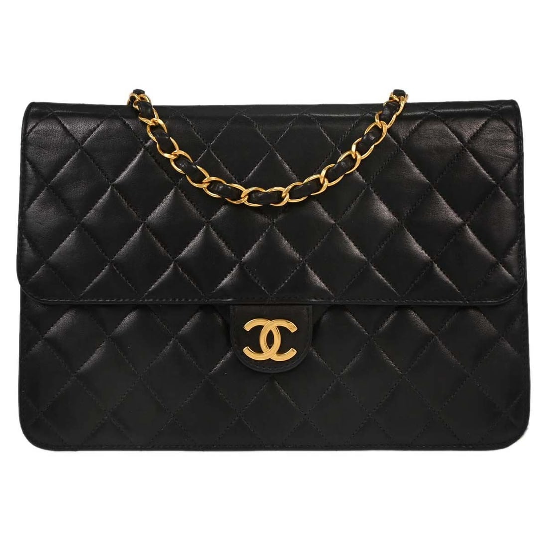 CHANEL Classic Single Flap Medium Black Lambskin Shoulder Bag: CHANEL Classic Single Flap Medium Black Lambskin Shoulder Bag This Chanel Medium Half Flap Shoulder Bag is crafted in black lambskin with a turn lock closure and crossbody strap. It features a classic