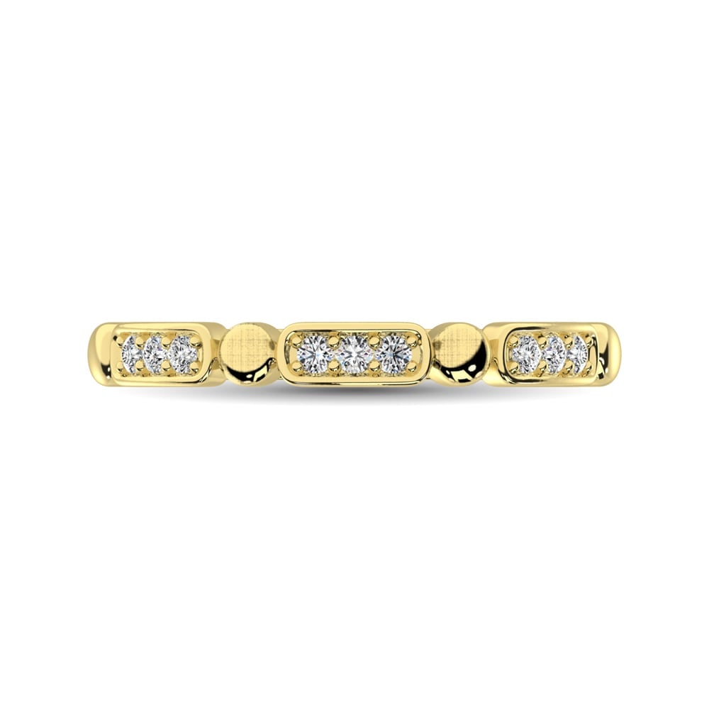 14K Yellow Gold 1/10 Ct.Tw. Diamond Stackable Band: 14K Yellow Gold 1/10 Ct.Tw. Diamond Stackable Band This glamorous ring is available in 14K Yellow Gold. There are 9 round diamonds with a total carat weight of 1/10 Ct.Tw. set in a Shared Prong settin