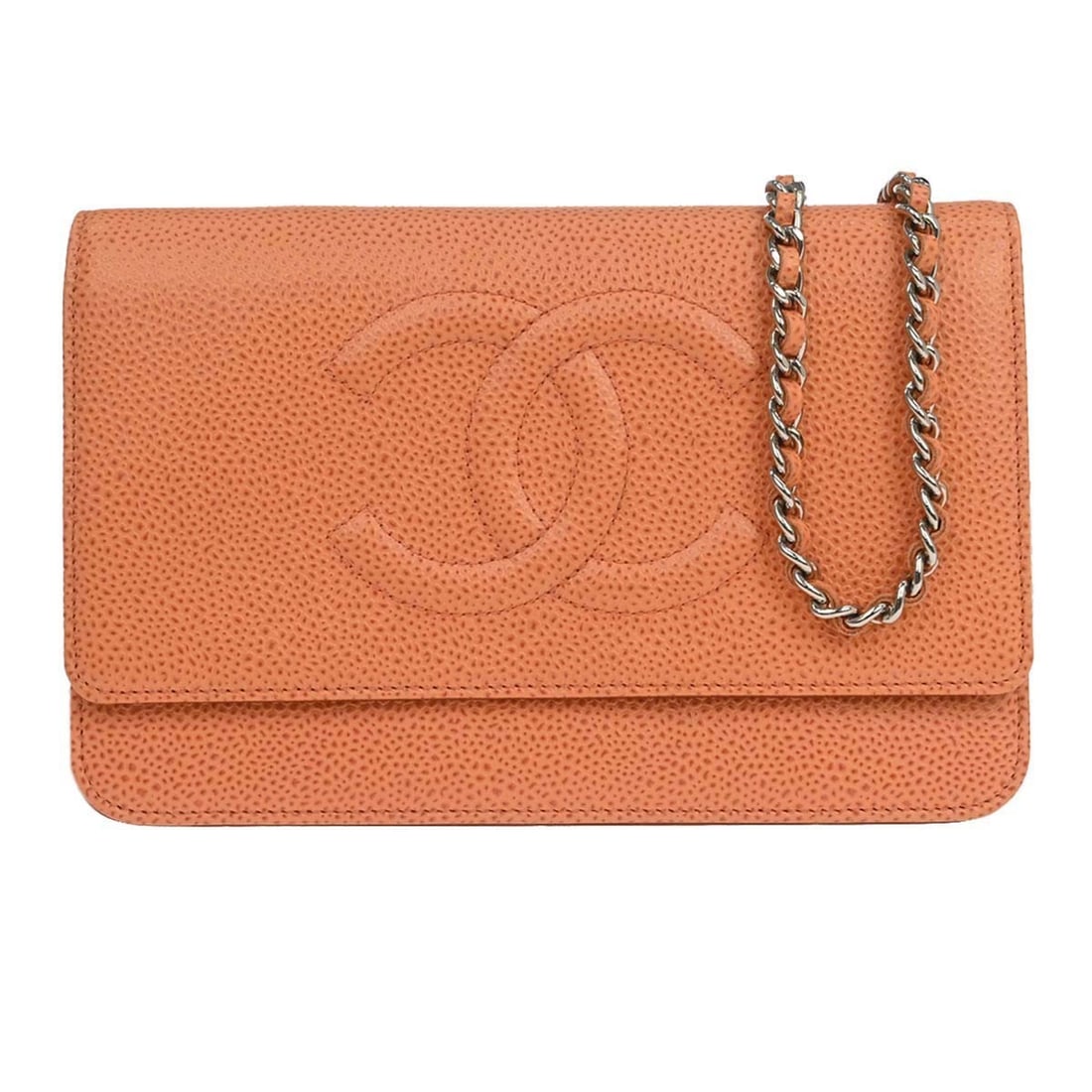 CHANEL Timeless WOC Wallet on Chain Orange Caviar Leather: CHANEL Timeless WOC Wallet on Chain Orange Caviar Leather Chanel Timeless WOC wallet on chain in orange caviar skin leather. This folding wallet-style shoulder bag features an organized interior with 