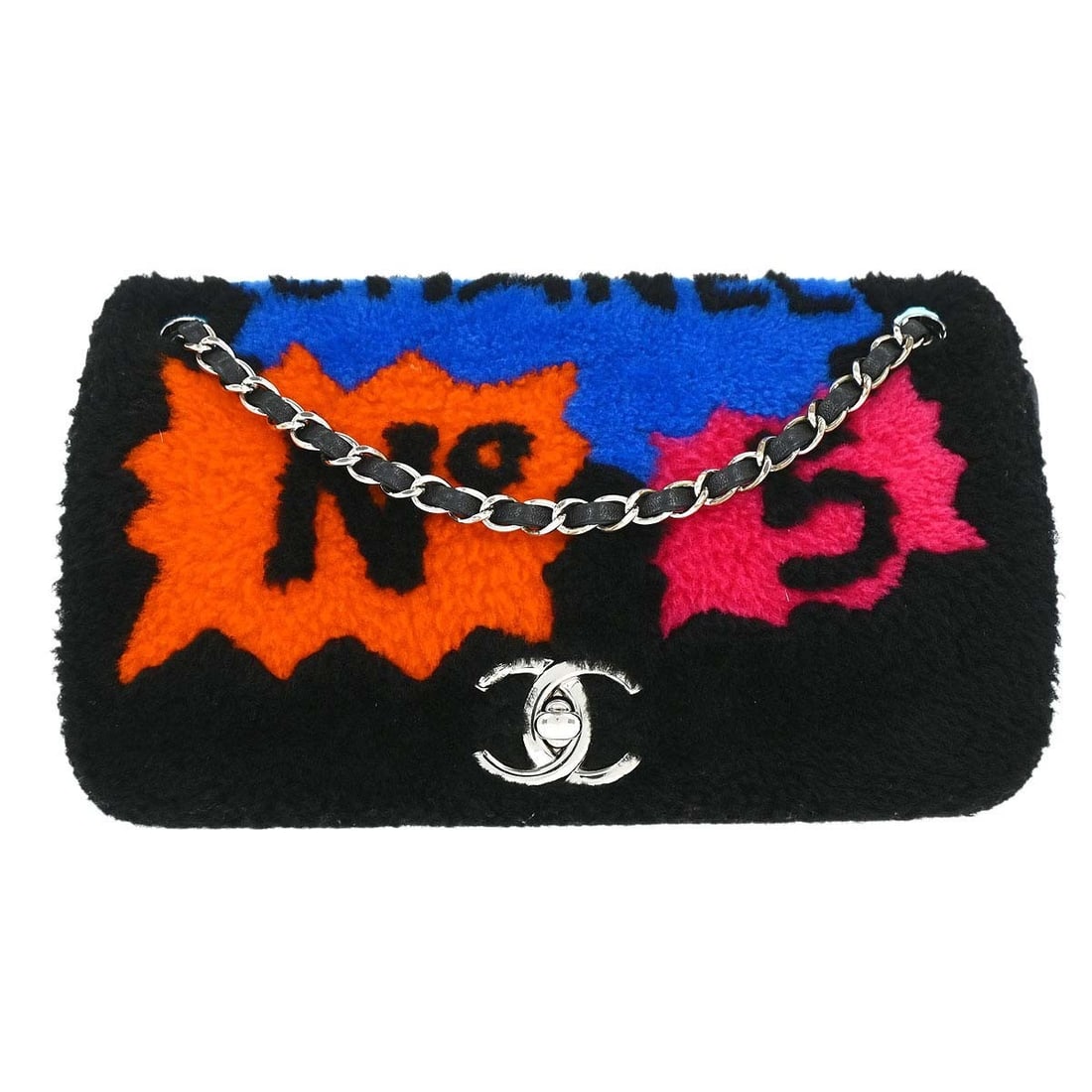 CHANEL Classic Double Flap Shoulder Bag Black Shearling Leather: CHANEL Classic Double Flap Shoulder Bag Black Shearling Leather Chanel Shearling Supermarket Comic Flap Bag in black with a turn-lock closure and shoulder strap design. This women's shoulder bag is ma